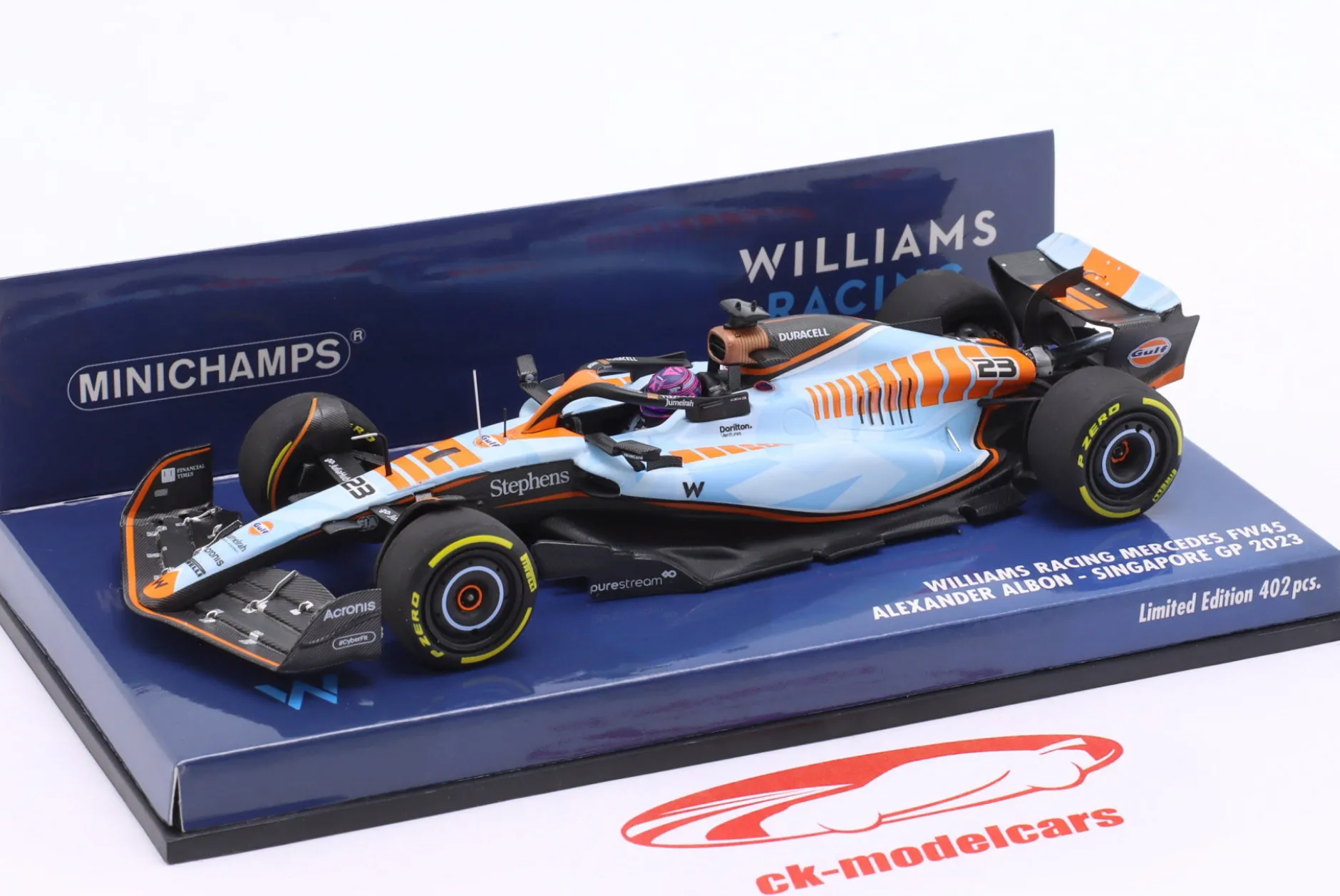 A. Albon Williams FW45 Gulf Design #23 Singapur GP Formel 1 2023 1:43 Minichamps