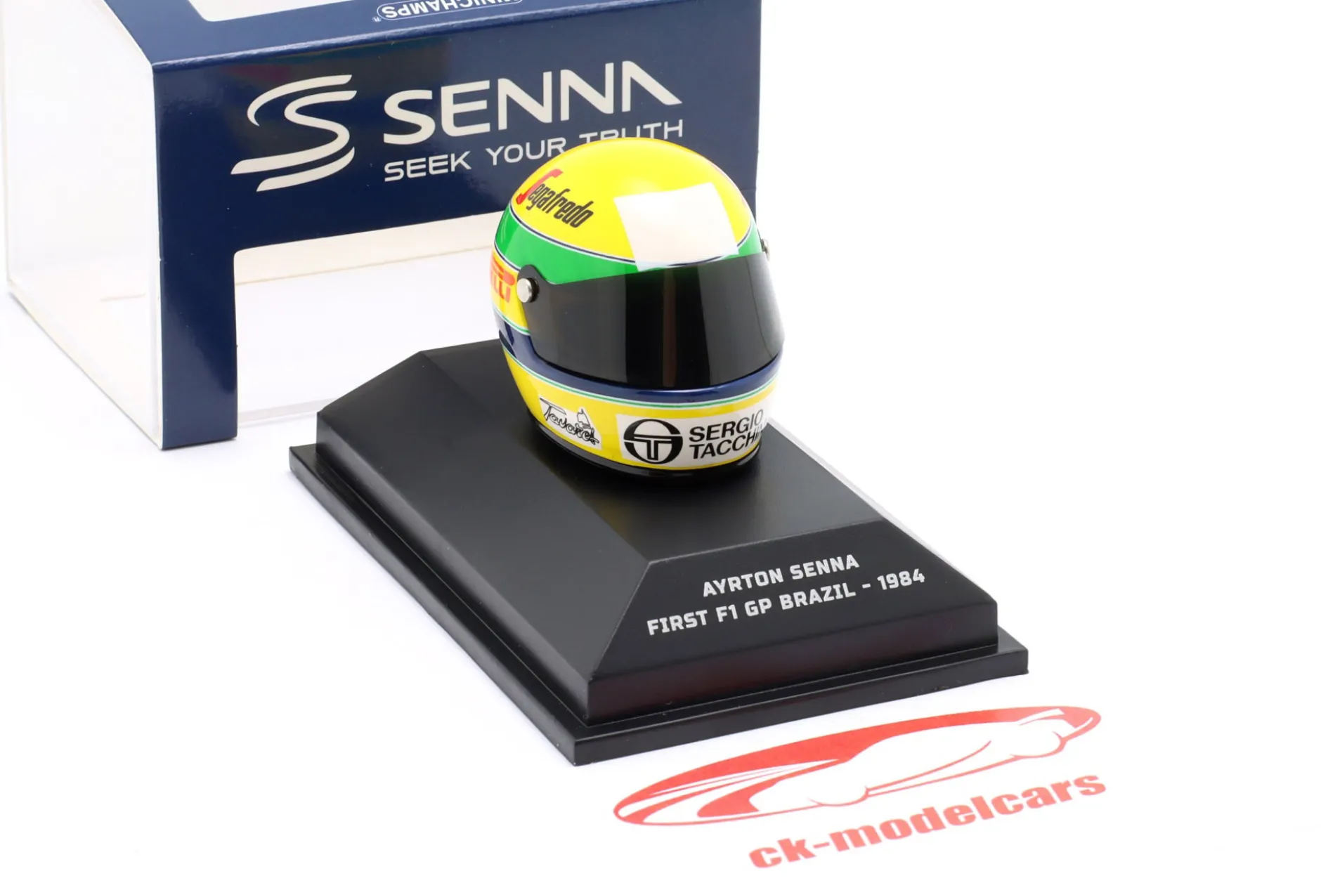 Ayrton Senna Toleman Motorsport #19 Brasilien GP Formel 1 1984 Helm 1:8 Minichamps
