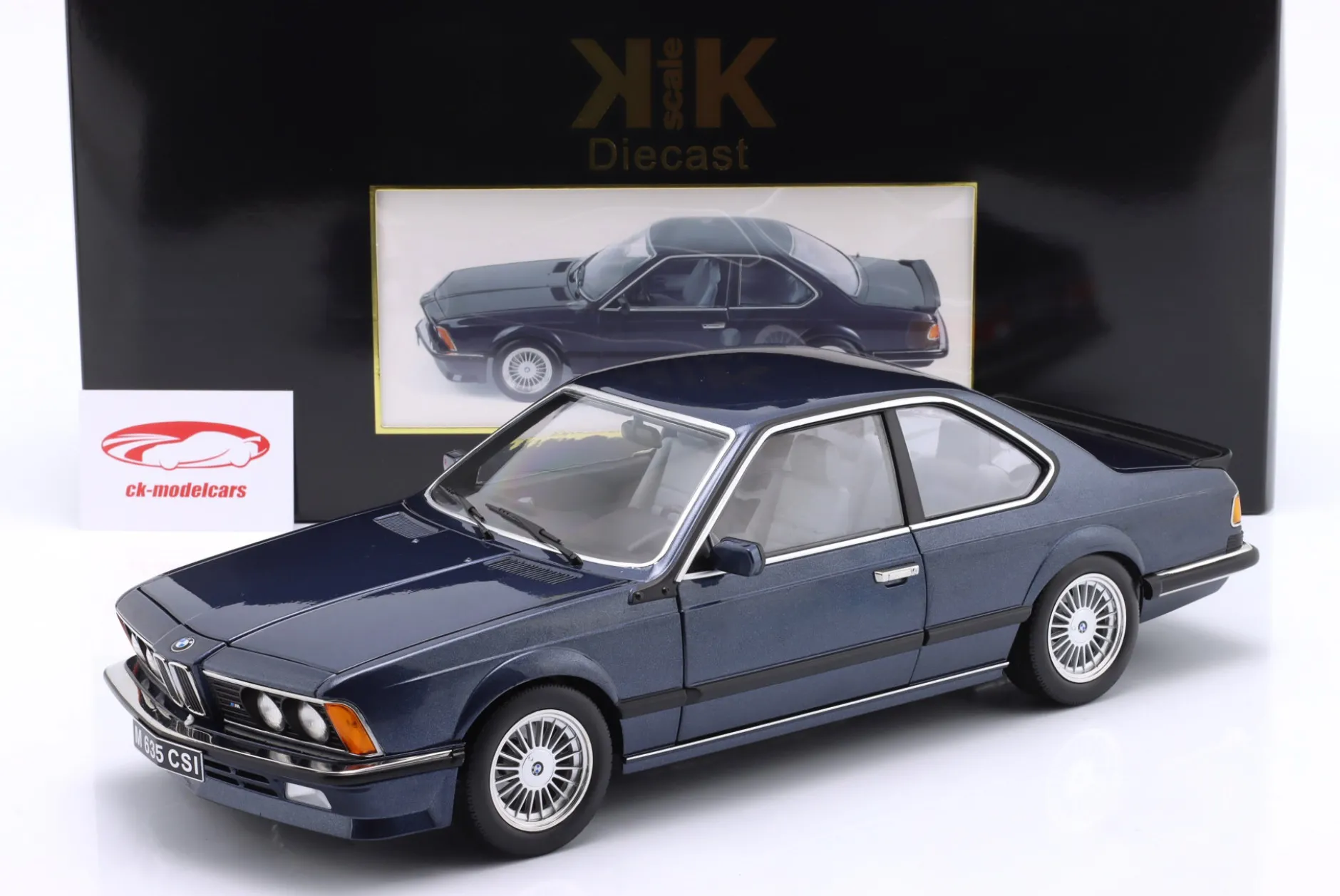 BMW M635 CSI mit Alpina-Felgen Baujahr 1987 dunkelblau metallic 1:12 KK-Scale