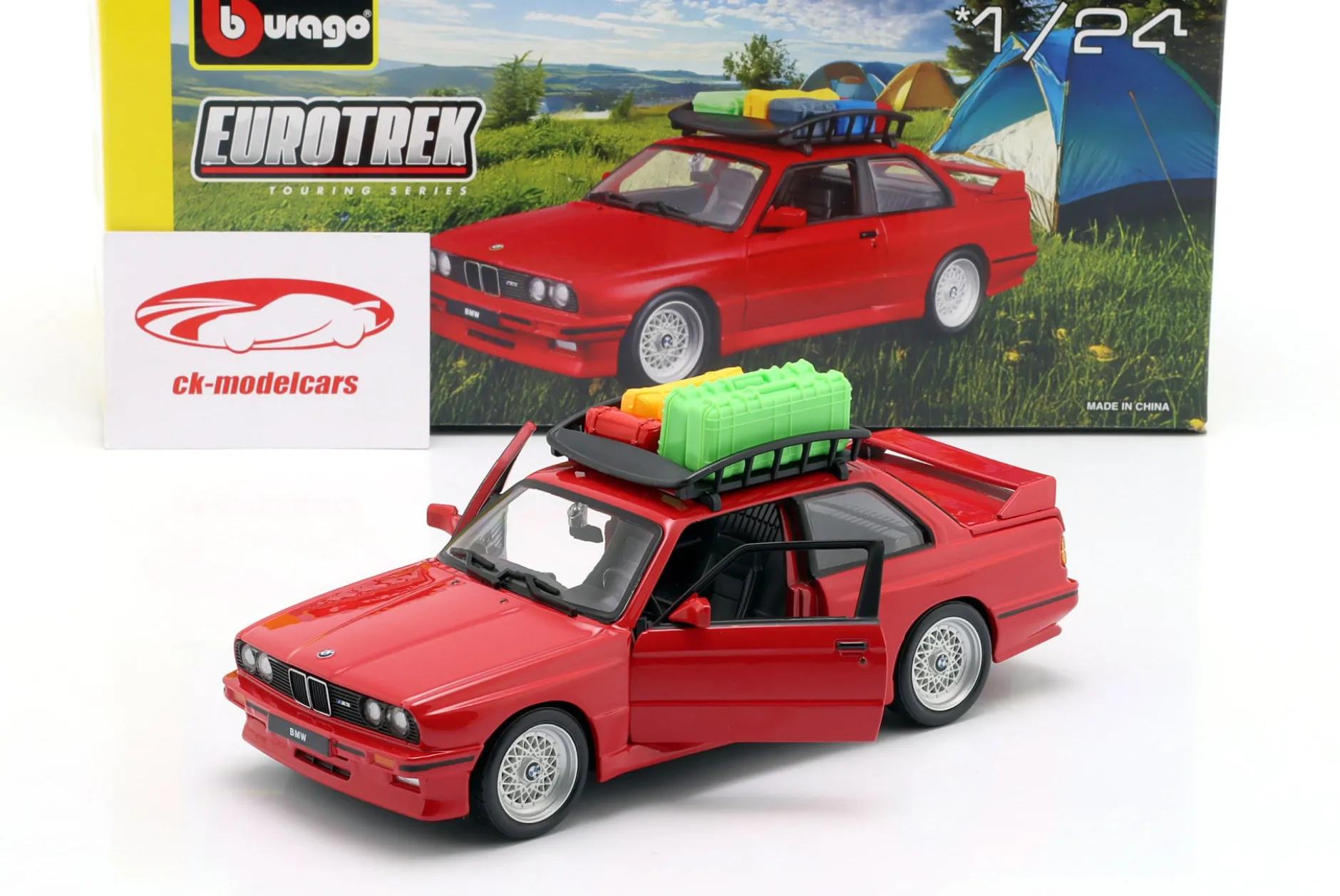 BMW M3 E30 mit Dachgepäckkorb Baujahr 1988 rot 1:24 Bburago