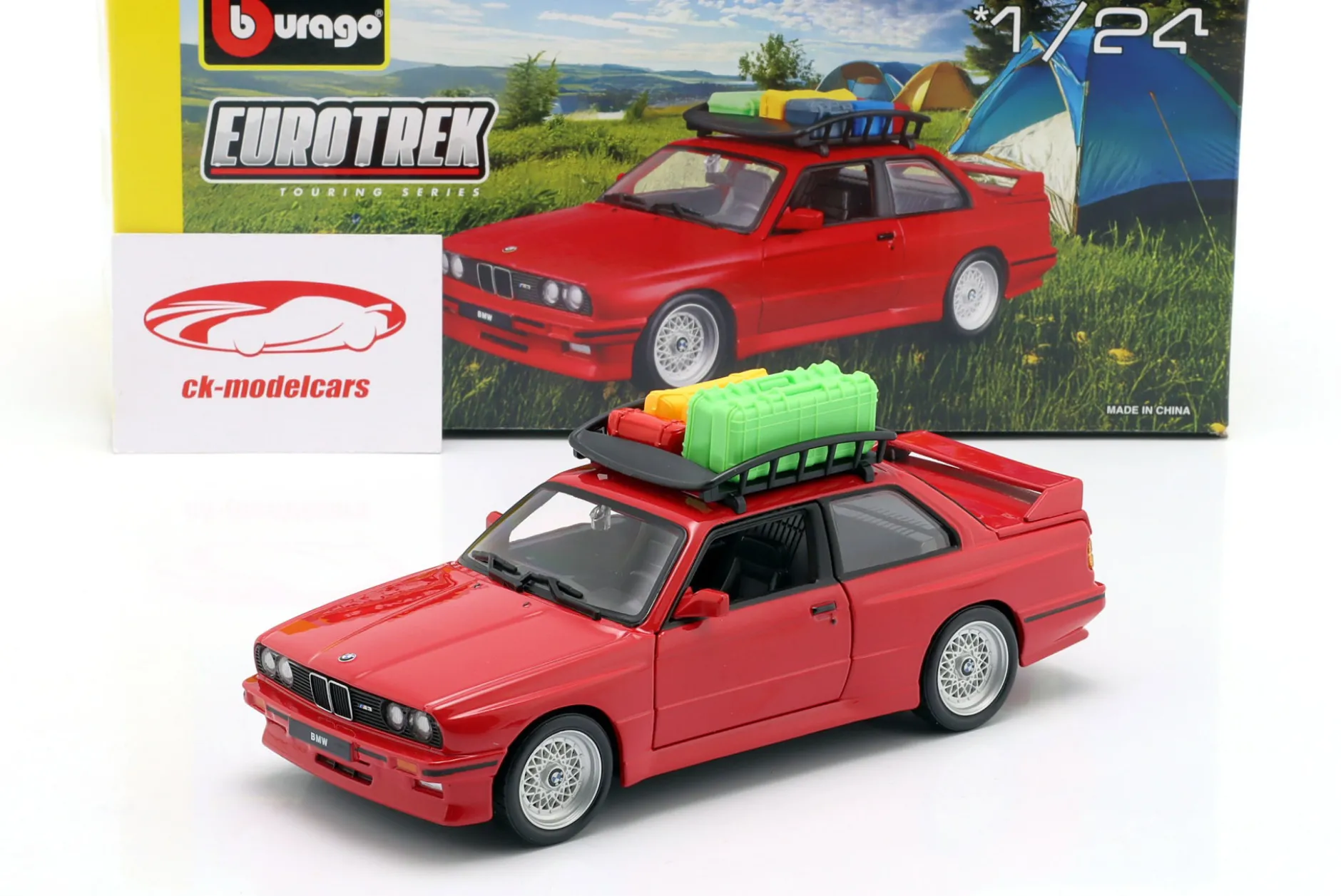 BMW M3 E30 mit Dachgepäckkorb Baujahr 1988 rot 1:24 Bburago