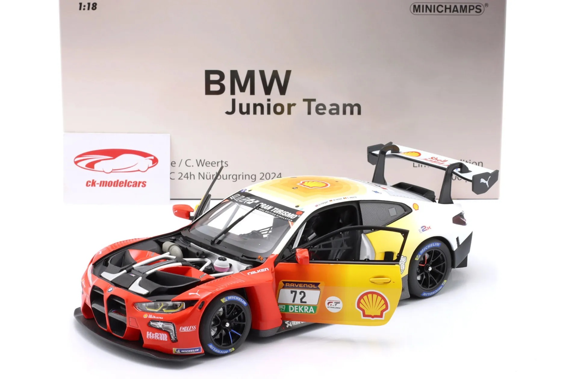 BMW M4 GT3 #72 3rd 24h Nürburgring 2024 Harper, Hesse, Weerts 1:18 Minichamps