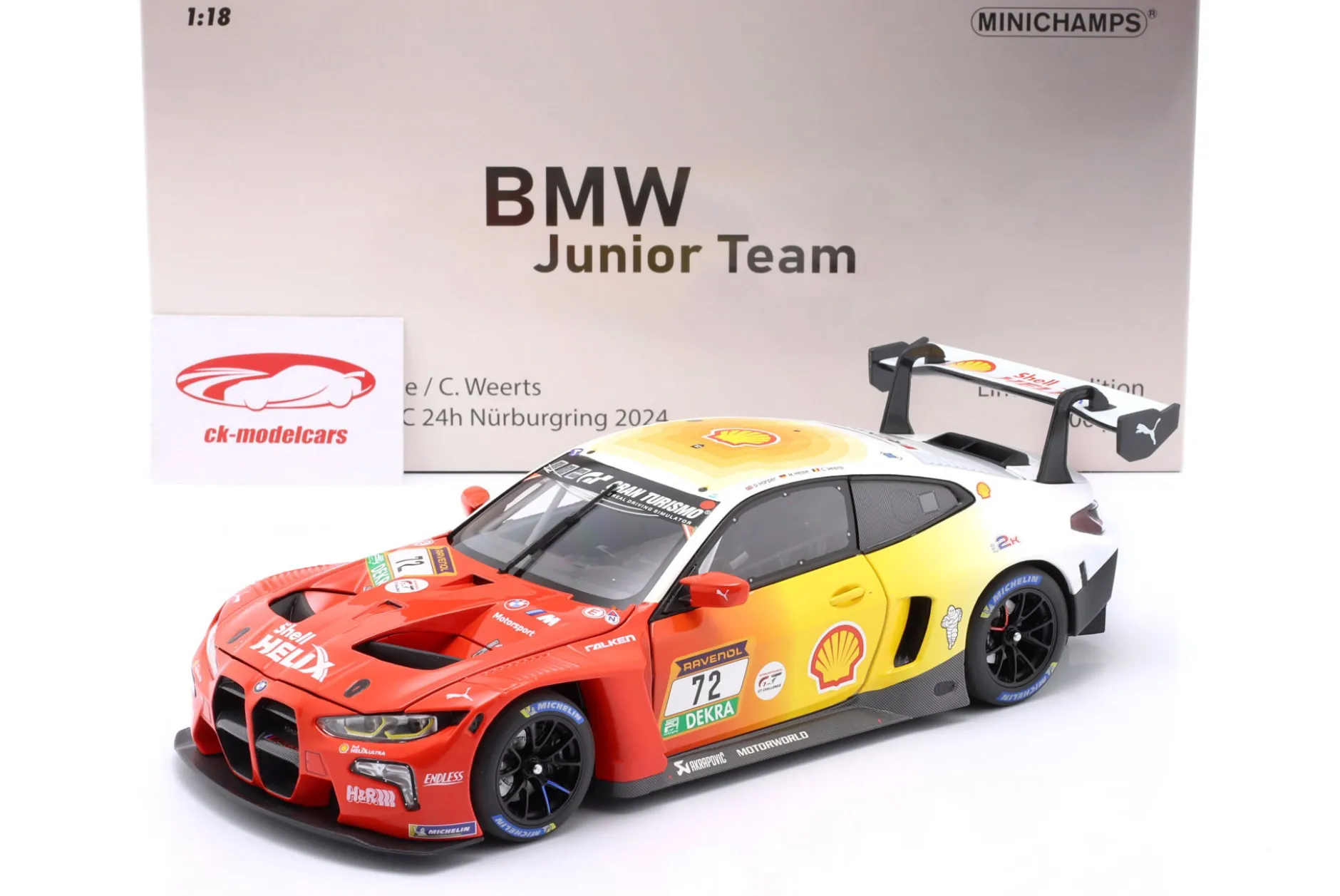 BMW M4 GT3 #72 3rd 24h Nürburgring 2024 Harper, Hesse, Weerts 1:18 Minichamps