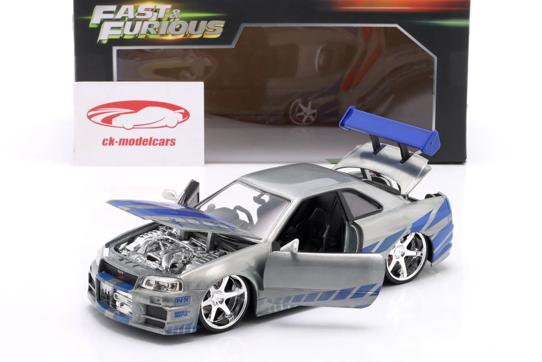 Brian's Nissan GT-R (R34) Film Fast and Furious 2 (2003) silber / blau 1:24 Jada Toys