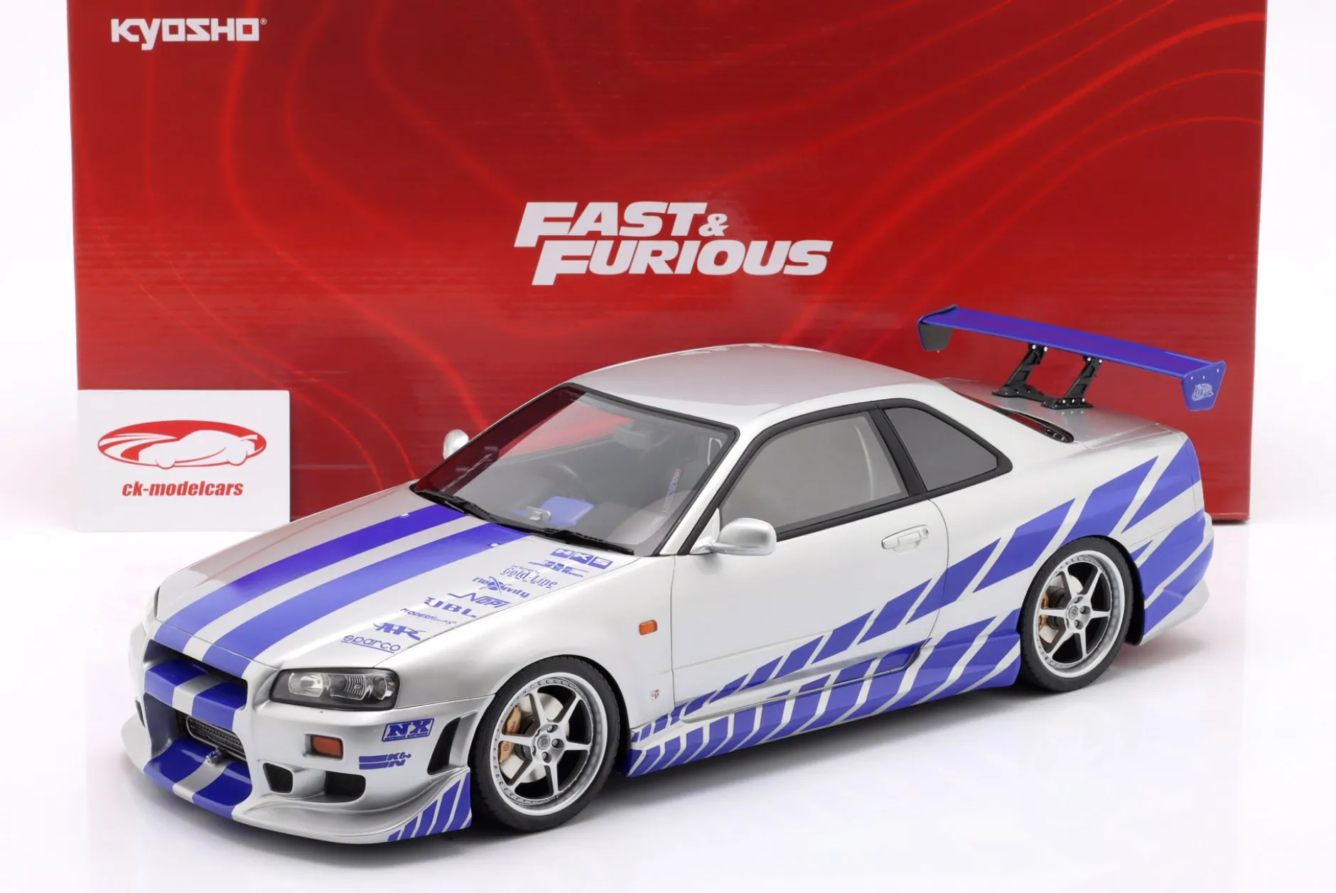 Brian's Nissan Skyline GT-R (R34) Film 2 Fast 2 Furious (2003) silber / blau 1:12 Kyosho
