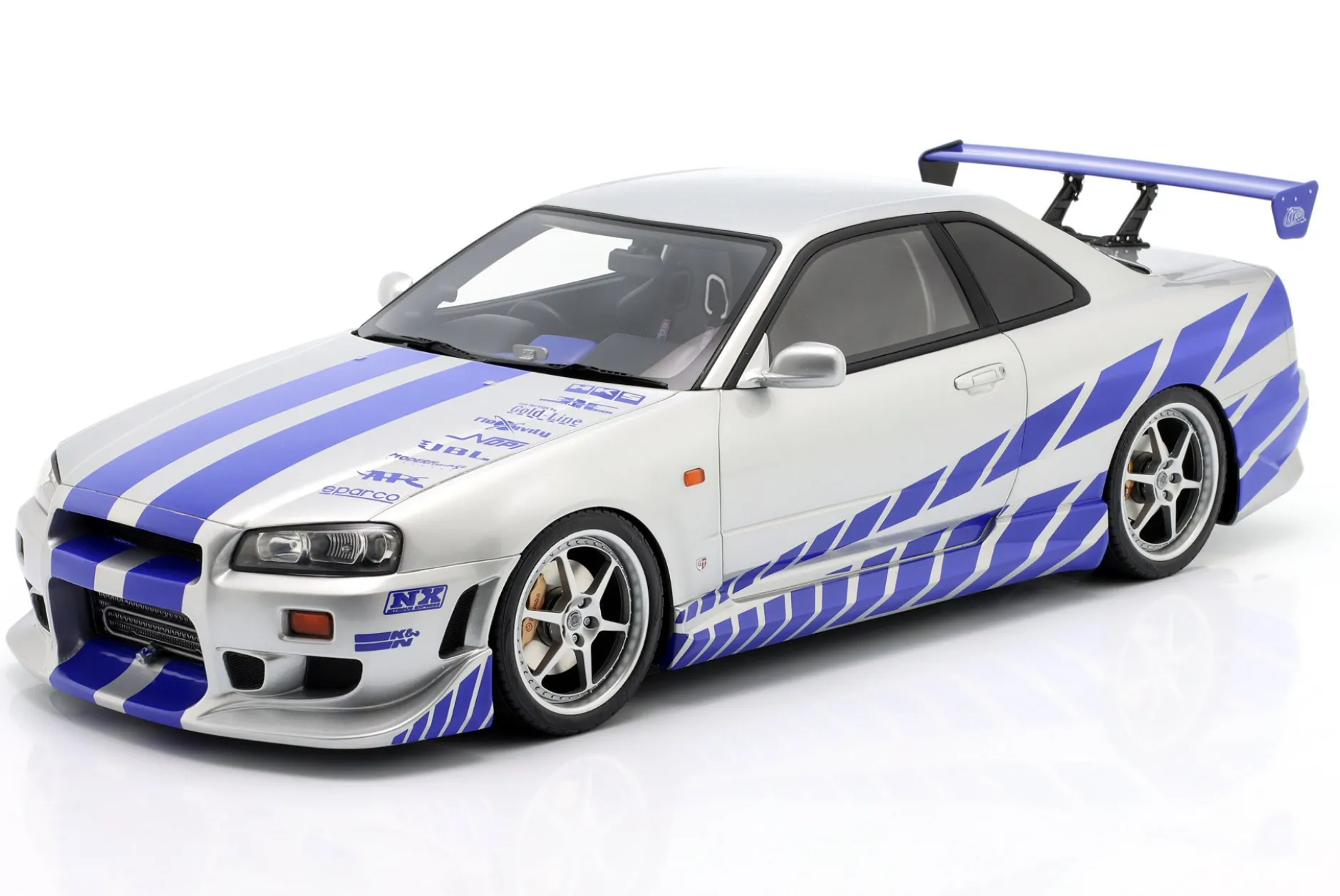 Brian's Nissan Skyline GT-R (R34) Film 2 Fast 2 Furious (2003) silber / blau 1:12 Kyosho