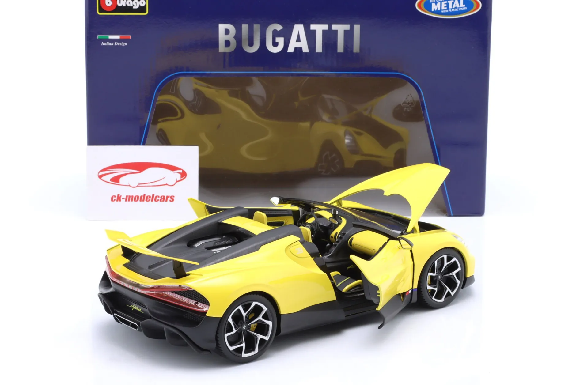 Bugatti W16 Mistral Baujahr 2023 gelb 1:18 Bburago