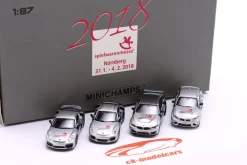 4-Car Set BMW / Porsche mit Vitrine Spielwarenmesse Nürnberg 2018 1:87 Minichamps