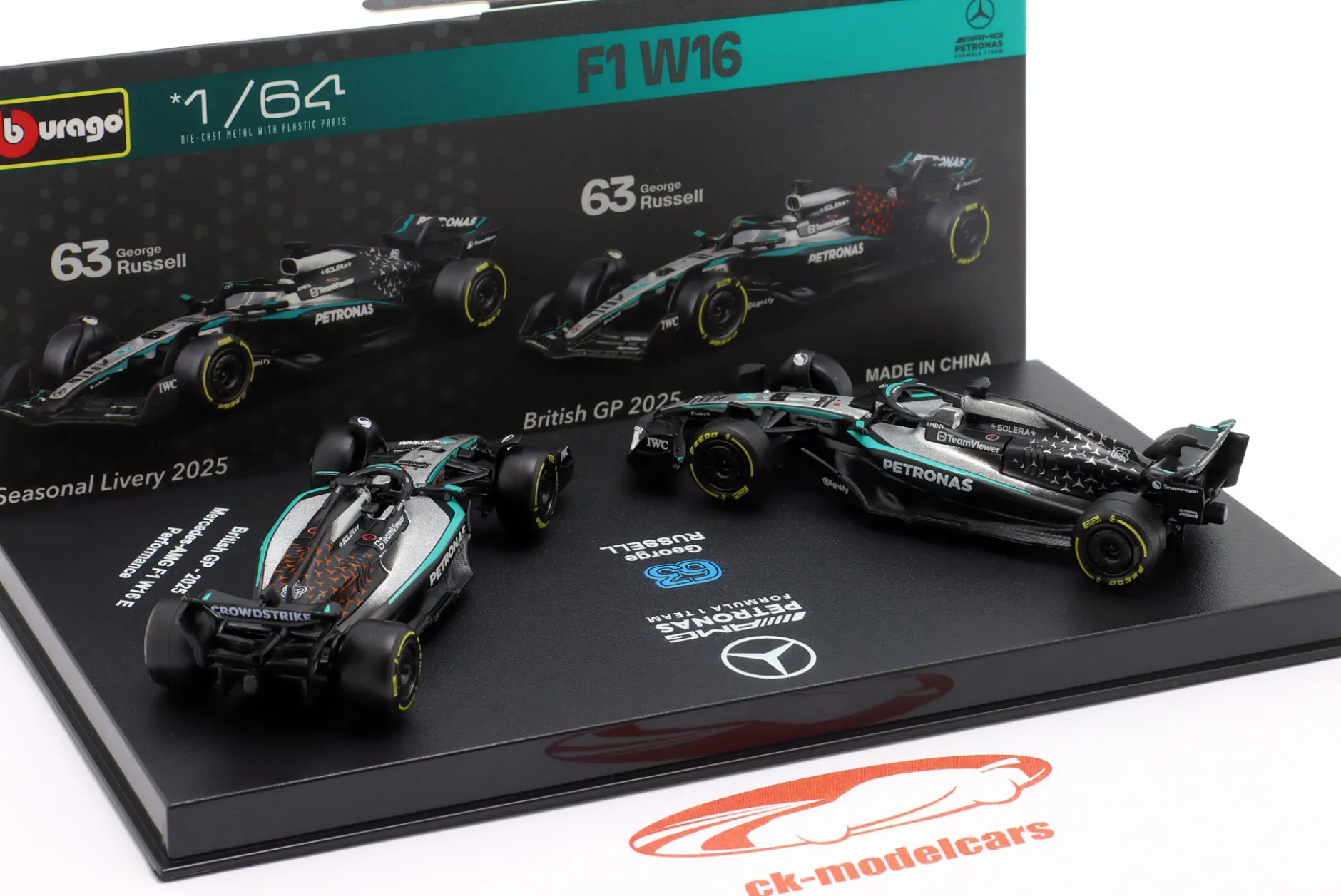 2-Car Set George Russell Mercedes-AMG F1 W16 #63 Formel 1 2025 1:64 Bburago