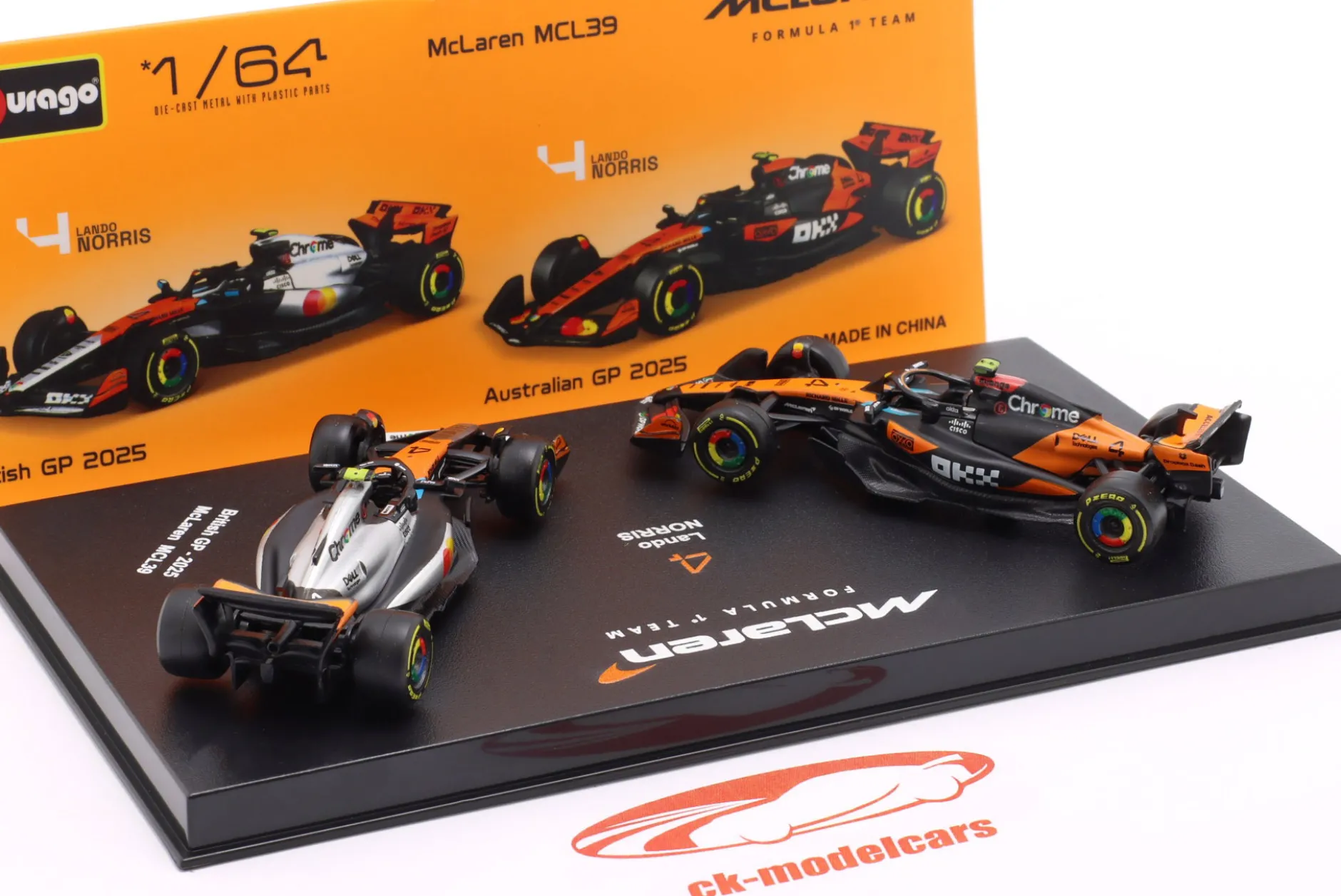 2-Car Set Lando Norris McLaren MCL39 #4 Formel 1 Weltmeister 2025 1:64 Bburago