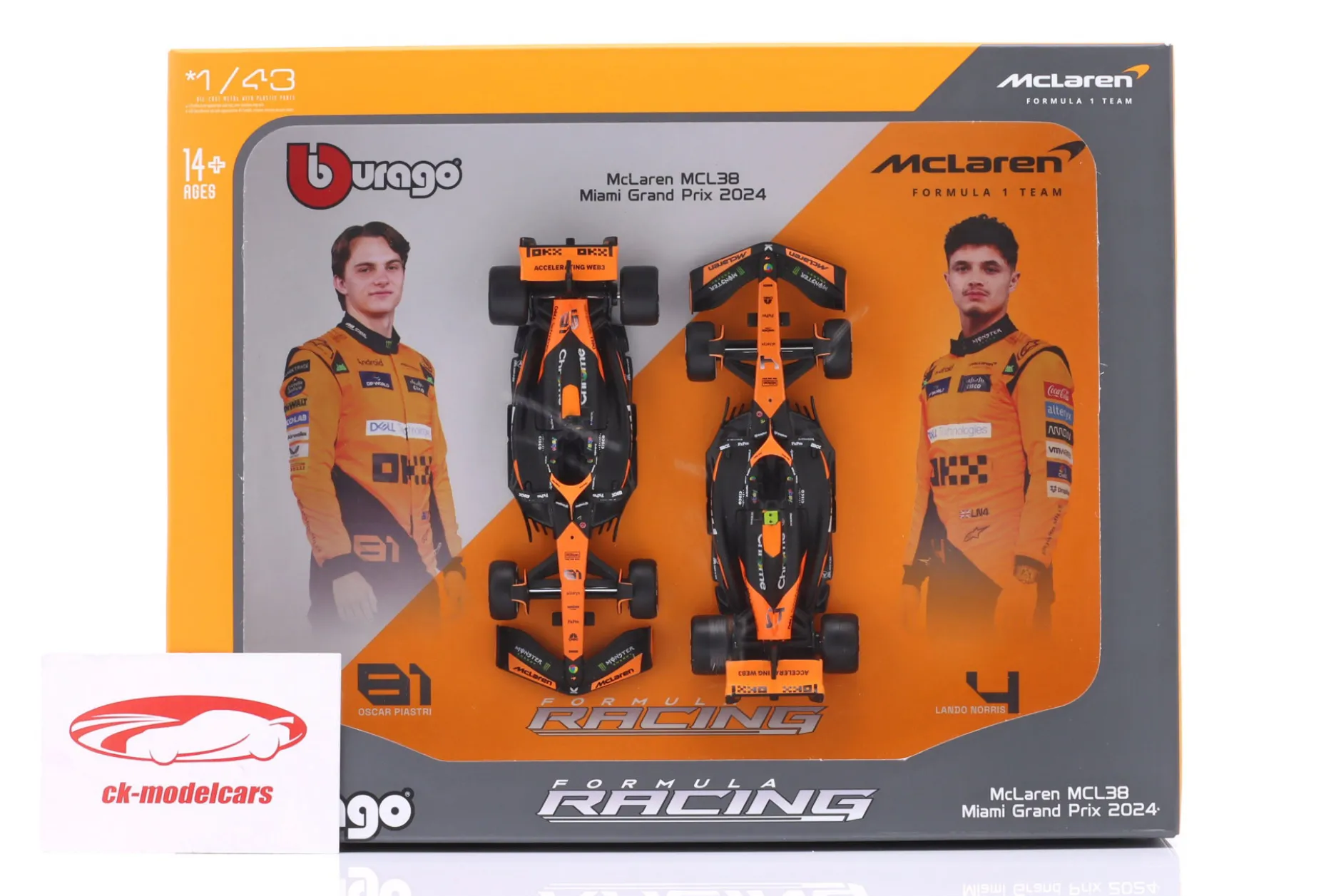 2-Car Set Norris #4 & Piastri #81 McLaren MCL38 Miami GP Formel 1 2024 1:43 Bburago