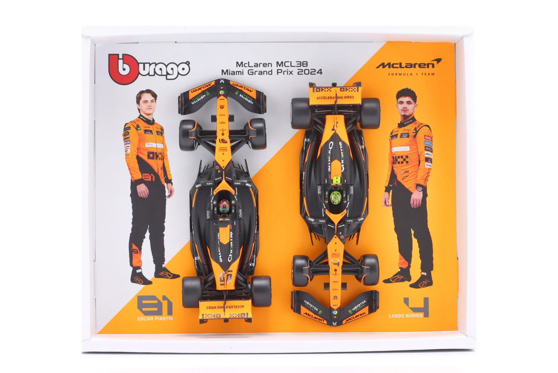 2-Car Set Norris #4 & Piastri #81 McLaren MCL38 Miami GP Formel 1 2024 1:24 Bburago