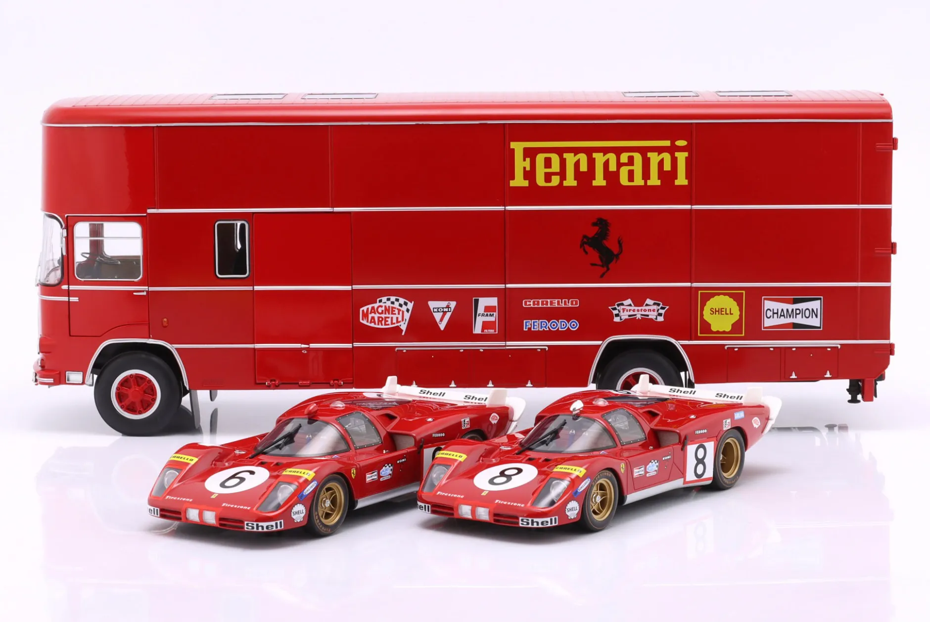 3-Car Set: OM Fiat 150 Rolfo Renntransporter mit 2x Ferrari 512S 1:18 WERK83