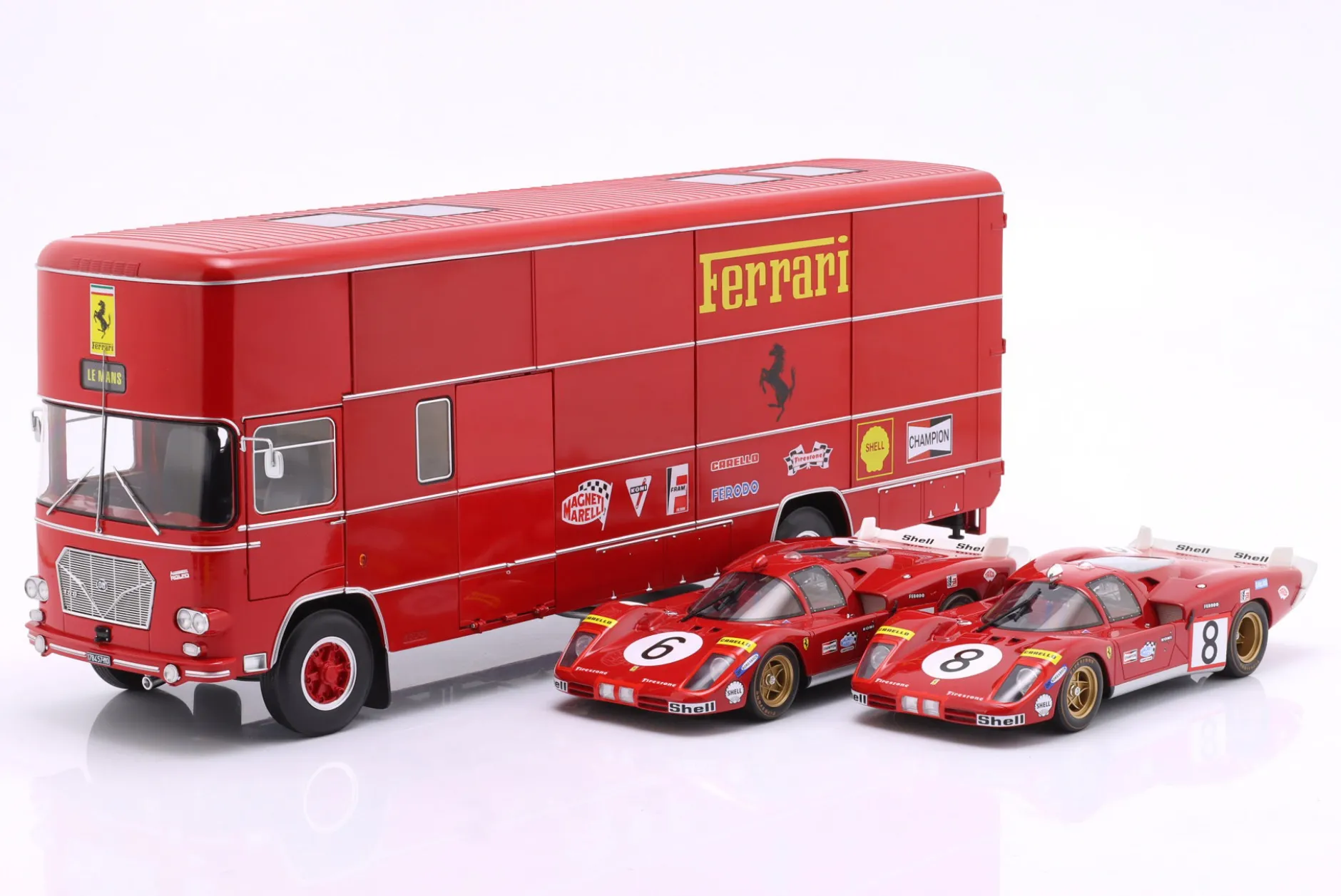 3-Car Set: OM Fiat 150 Rolfo Renntransporter mit 2x Ferrari 512S 1:18 WERK83
