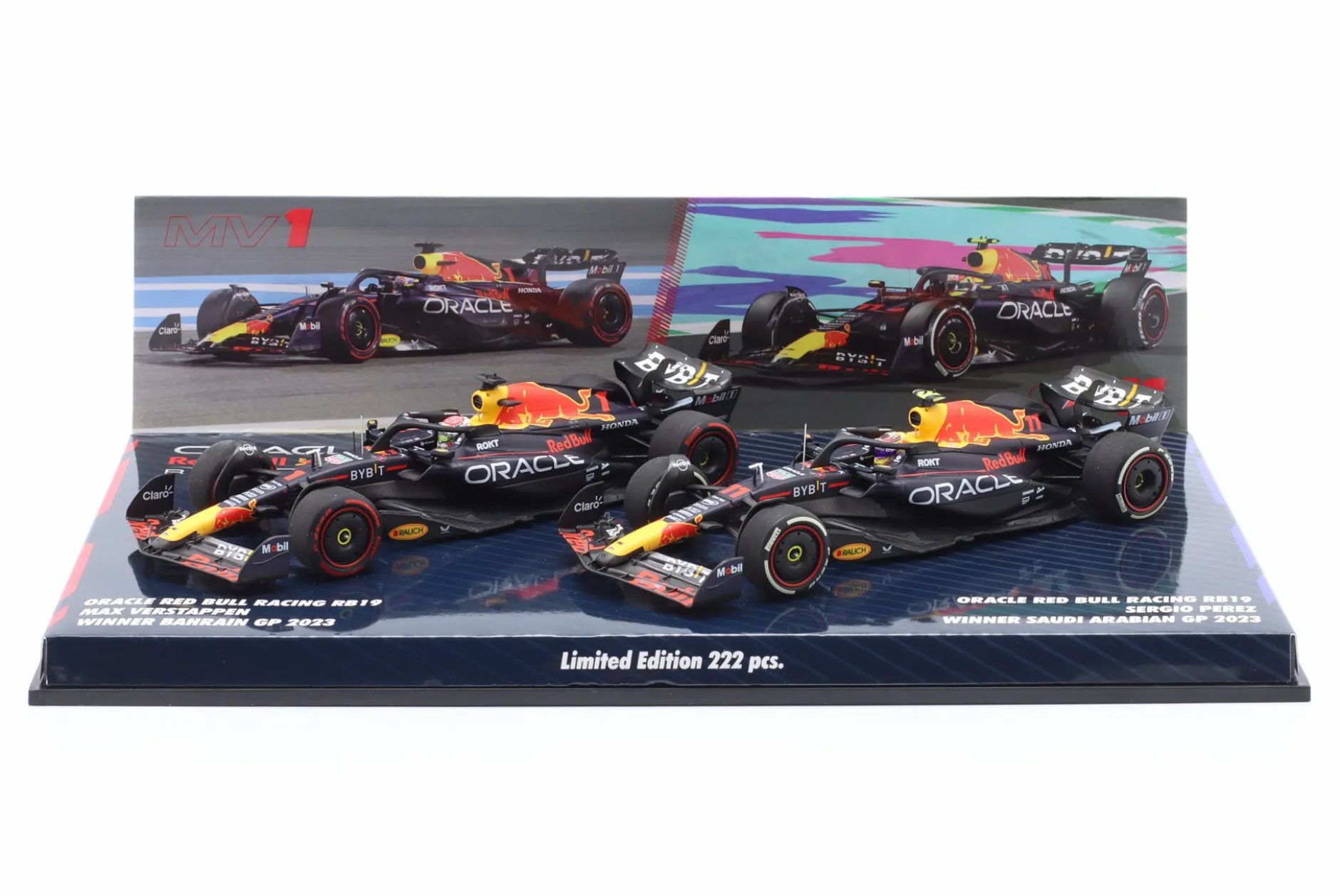 2-Car Set Verstappen #1 & Perez #11 Sieger Bahrain & Saudi-Arabien GP Formel 1 2023 1:43 Minichamps
