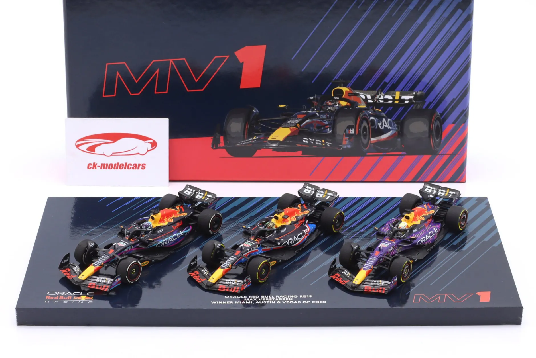 3-Car Set Verstappen Sieger Miami / USA / Las Vegas GP Formel 1 Weltmeister 2023 1:43 Minichamps
