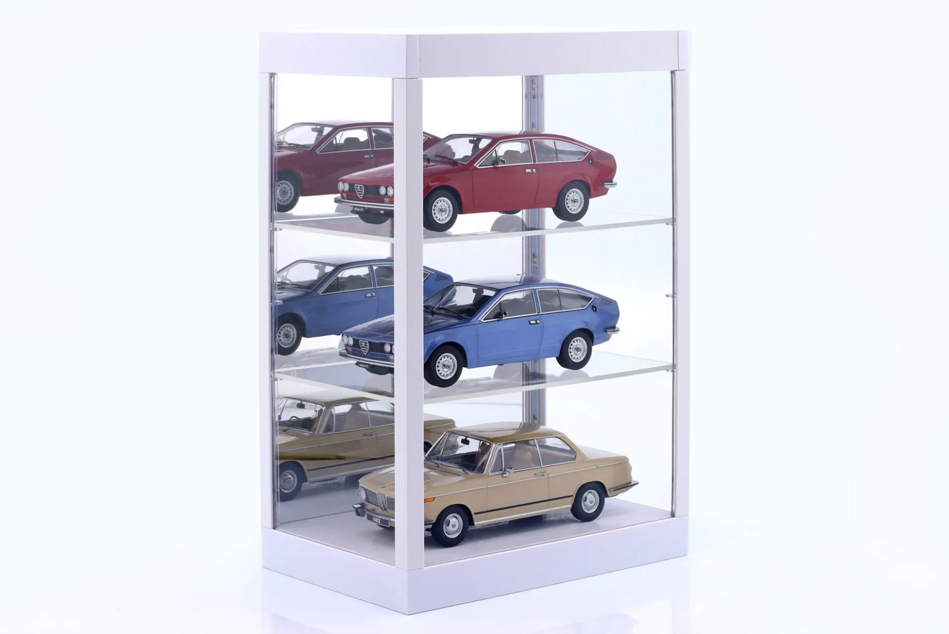 Einzelvitrine mit LED-Beleuchtung und Spiegel für Maßstab 1:18, 1:24, 1:43 weiß Triple9