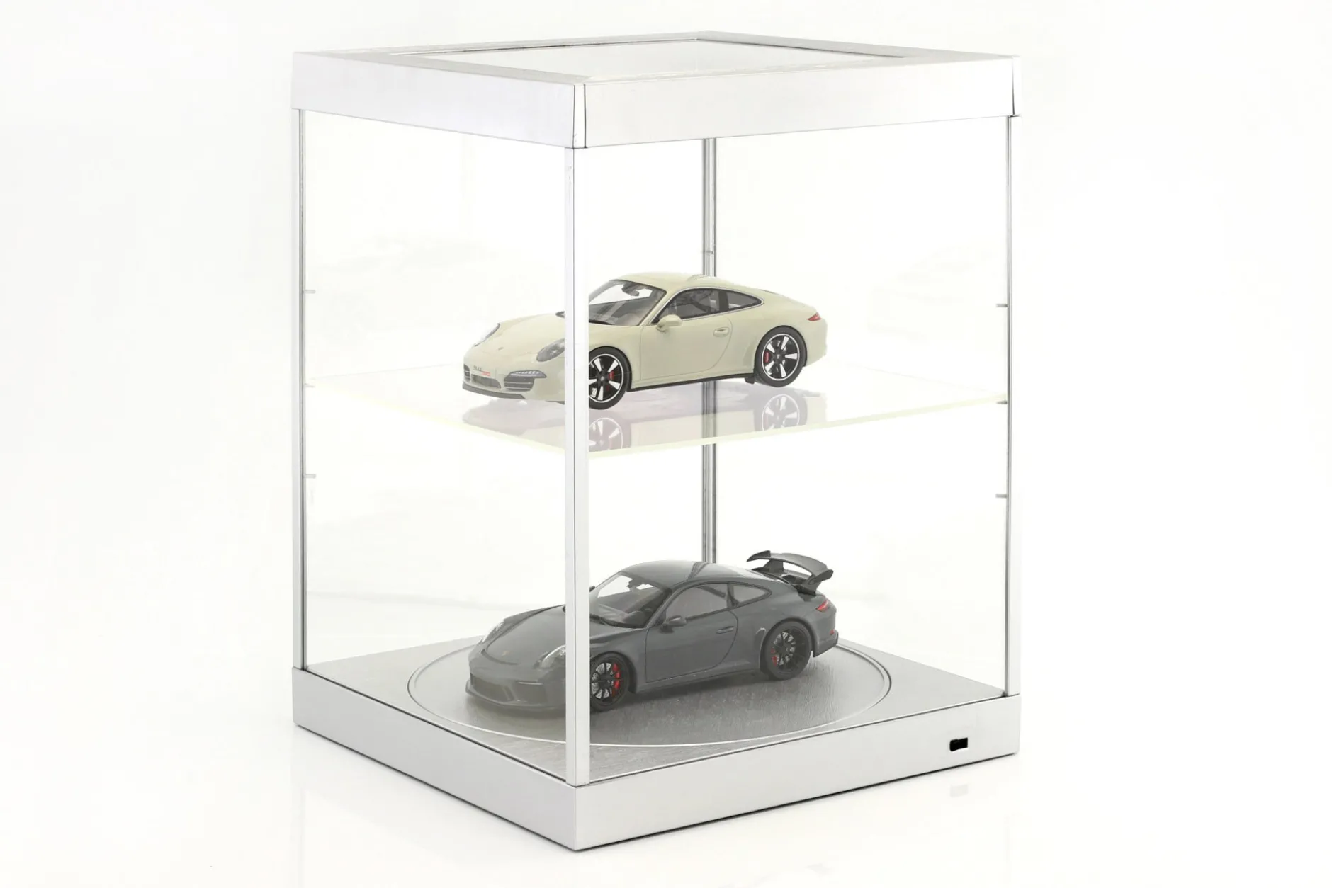 Einzelvitrine mit LED-Beleuchtung und Drehteller für Modellautos im Maßstab 1:18 silber Triple9