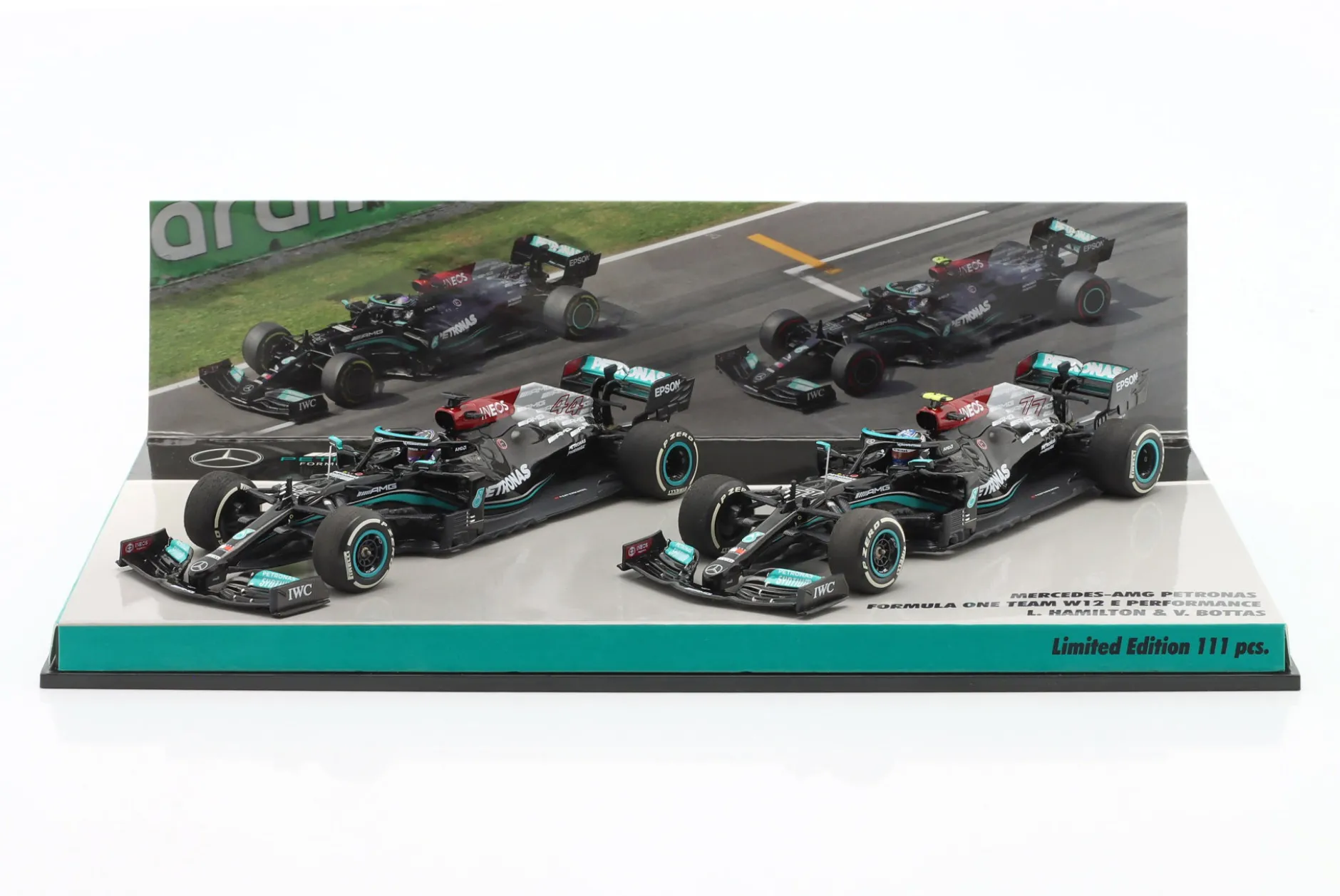 Hamilton #44 & Bottas #77 2-Car Set Mercedes-AMG F1 W12 Formel 1 2021 1:43 Minichamps