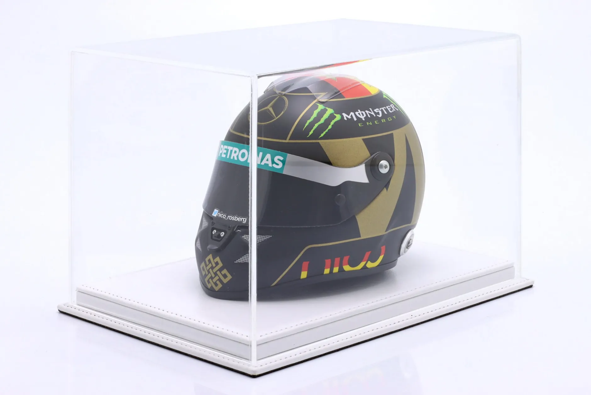 Hochwertige Acryl-Vitrine Mulhouse mit weißem Ledee-Boden für Helme 1:2 Atlantic