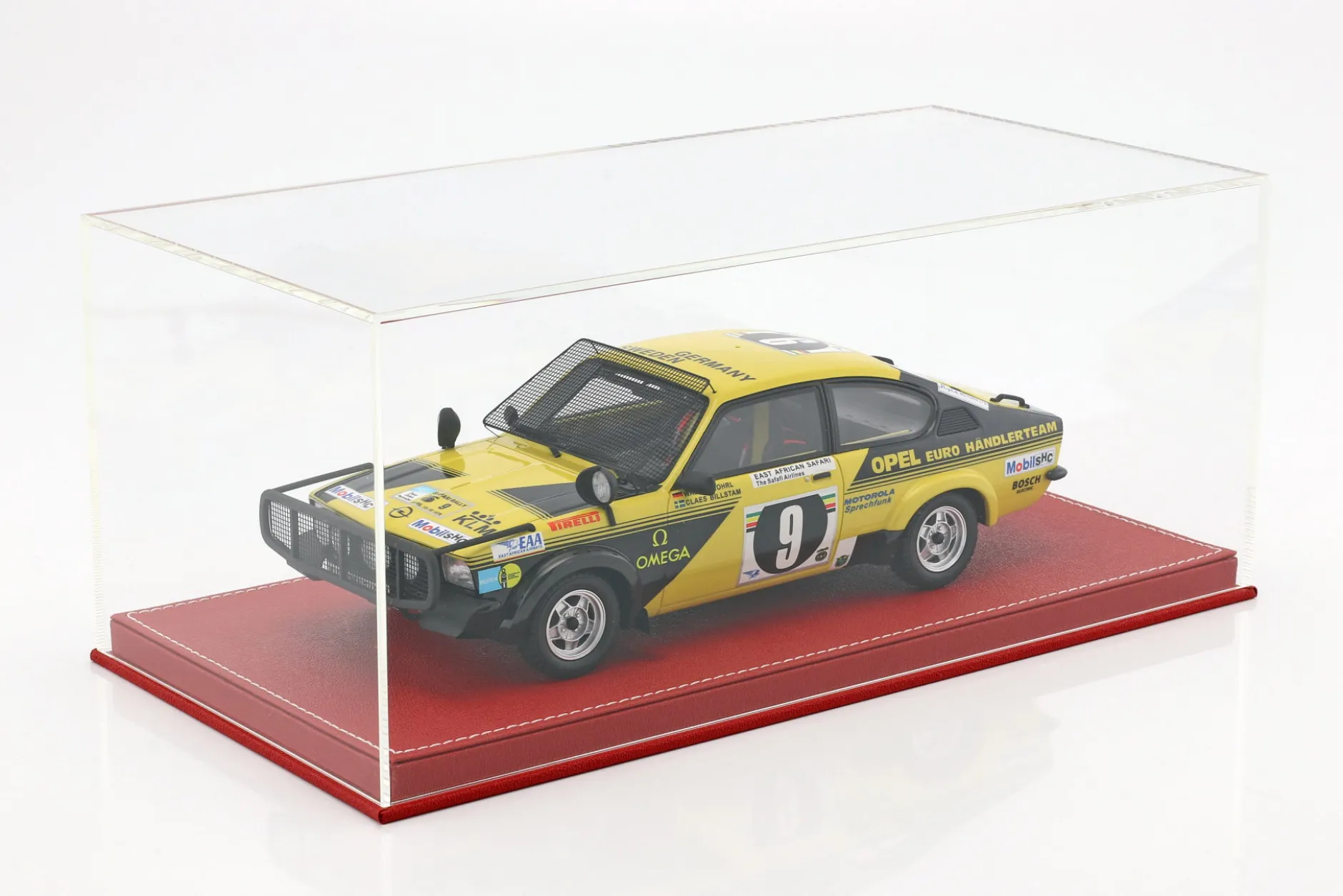 Hochwertige Vitrine mit Bodenplatte aus Leder für Modellautos im Maßstab 1:18 rot SAFE