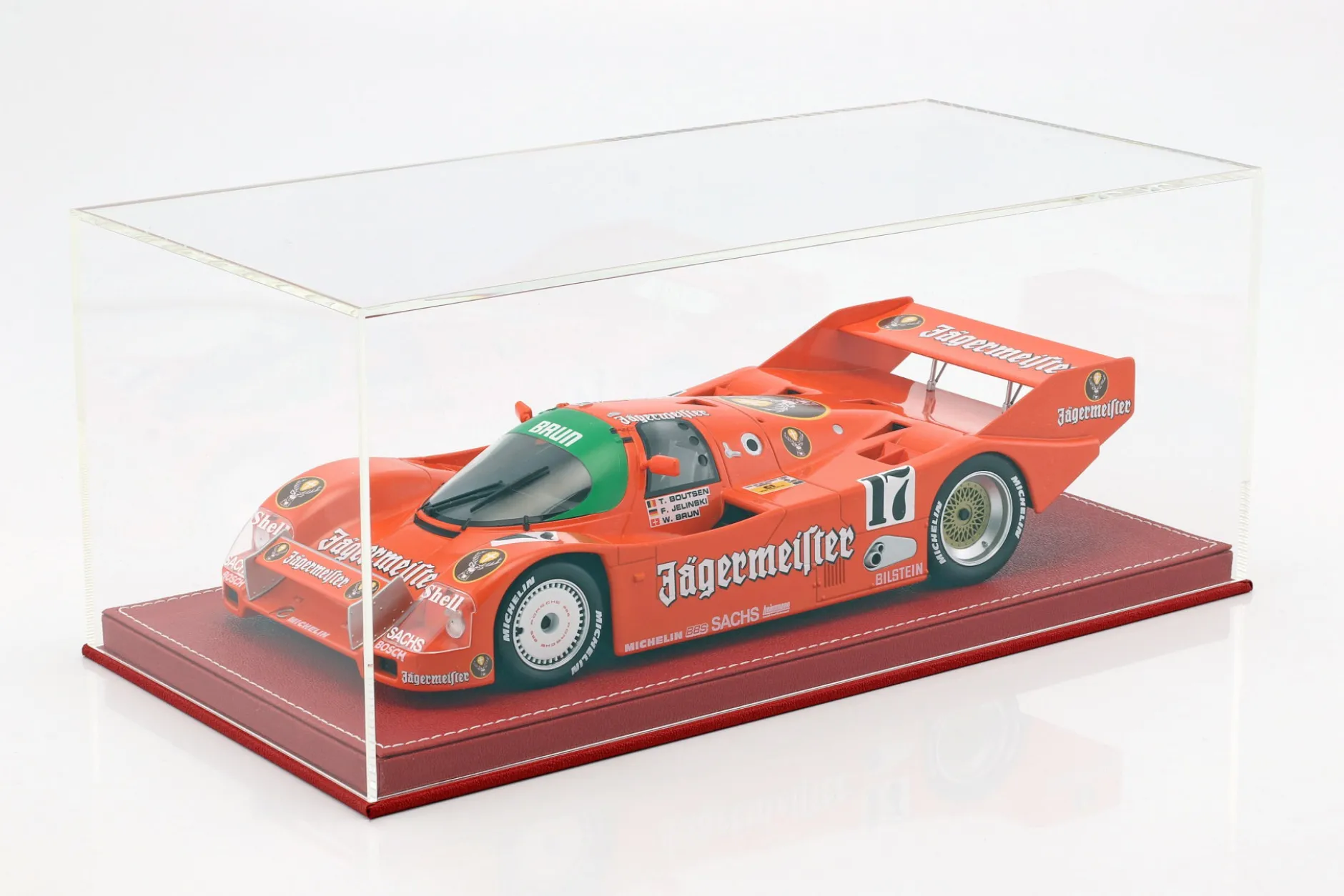 Hochwertige Vitrine mit Bodenplatte aus Leder für Modellautos im Maßstab 1:18 rot SAFE