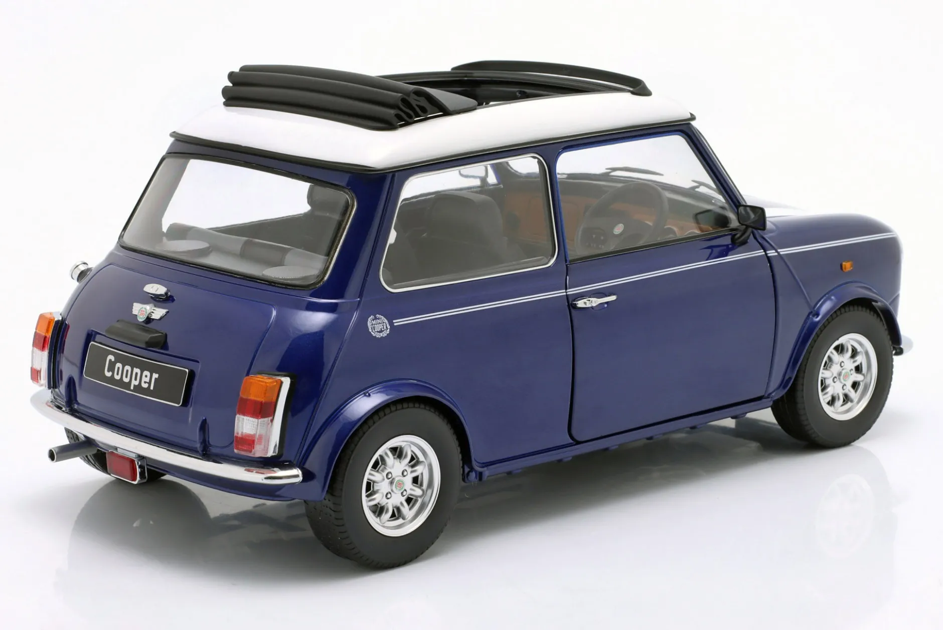 Mini Cooper mit Schiebedach blau metallic / weiß RHD 1:12 KK-Scale