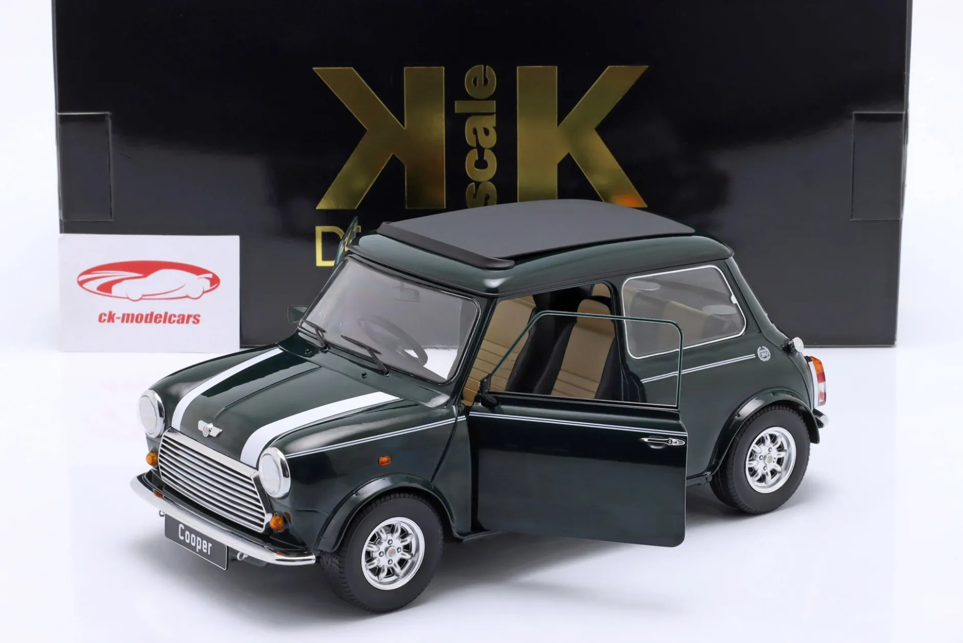 Mini Cooper mit Schiebedach dunkelgrün / weiß RHD 1:12 KK-Scale