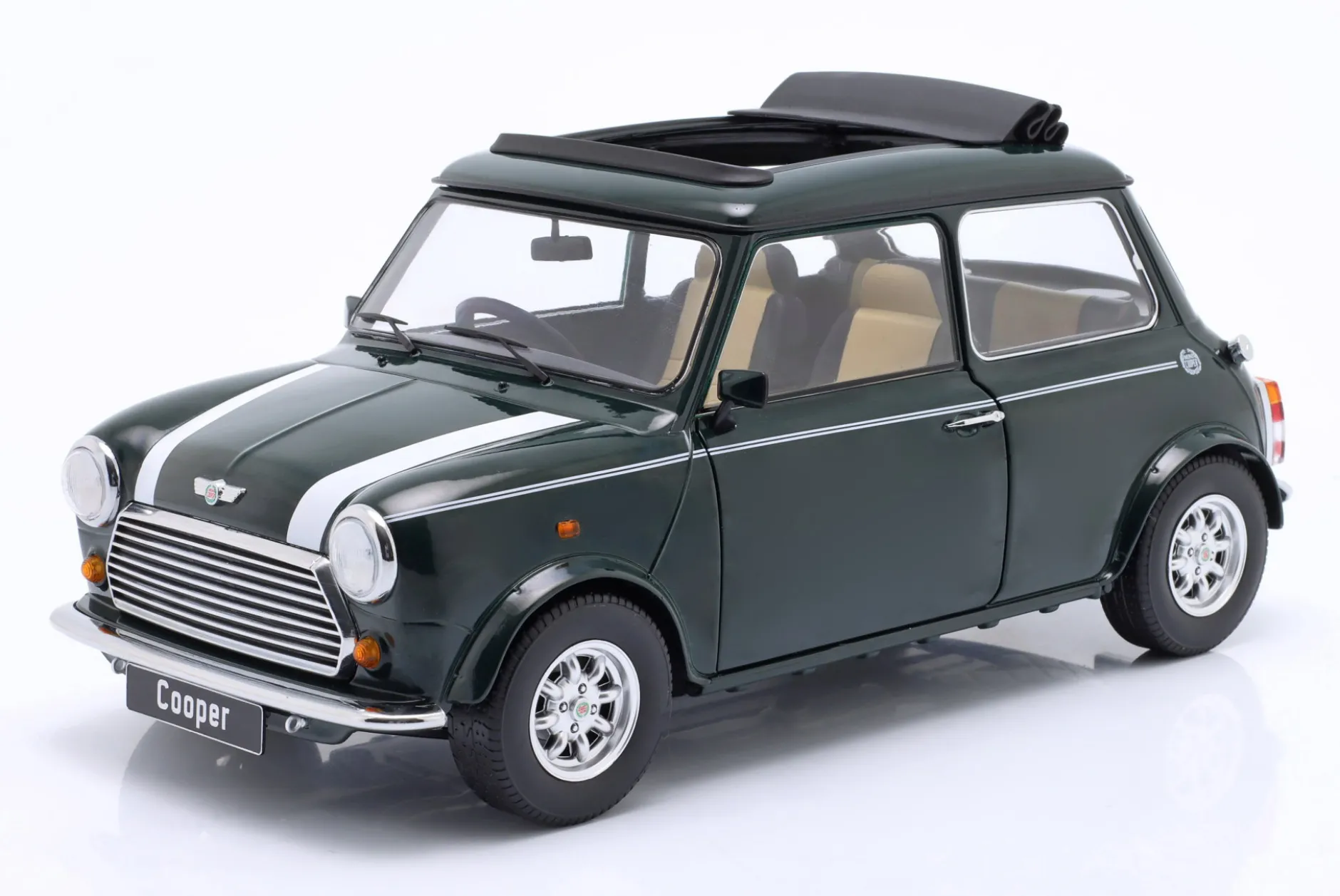 Mini Cooper mit Schiebedach dunkelgrün / weiß RHD 1:12 KK-Scale