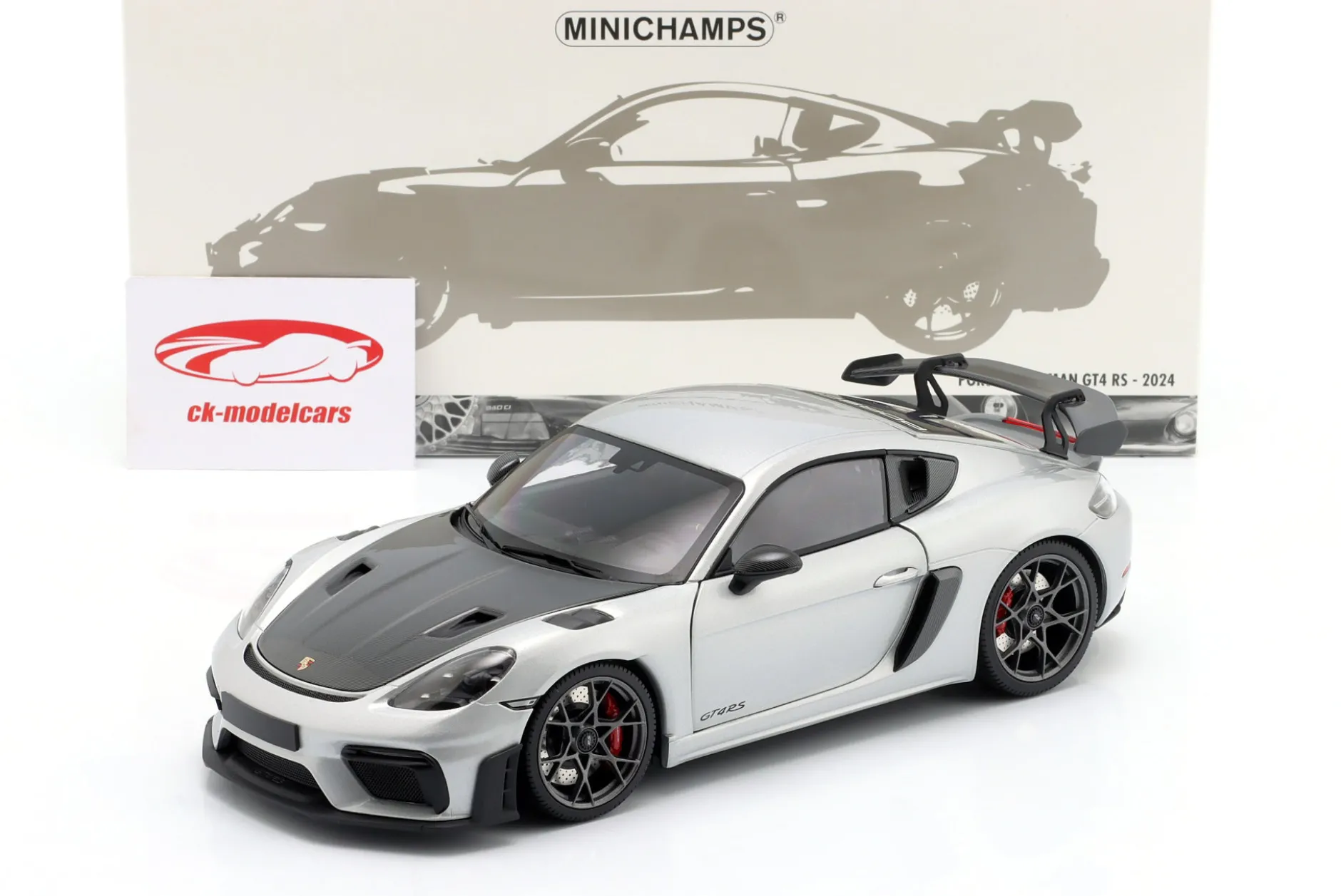 Porsche Cayman GT4 RS 2024 silber metallic / weissach package 1:18 Minichamps