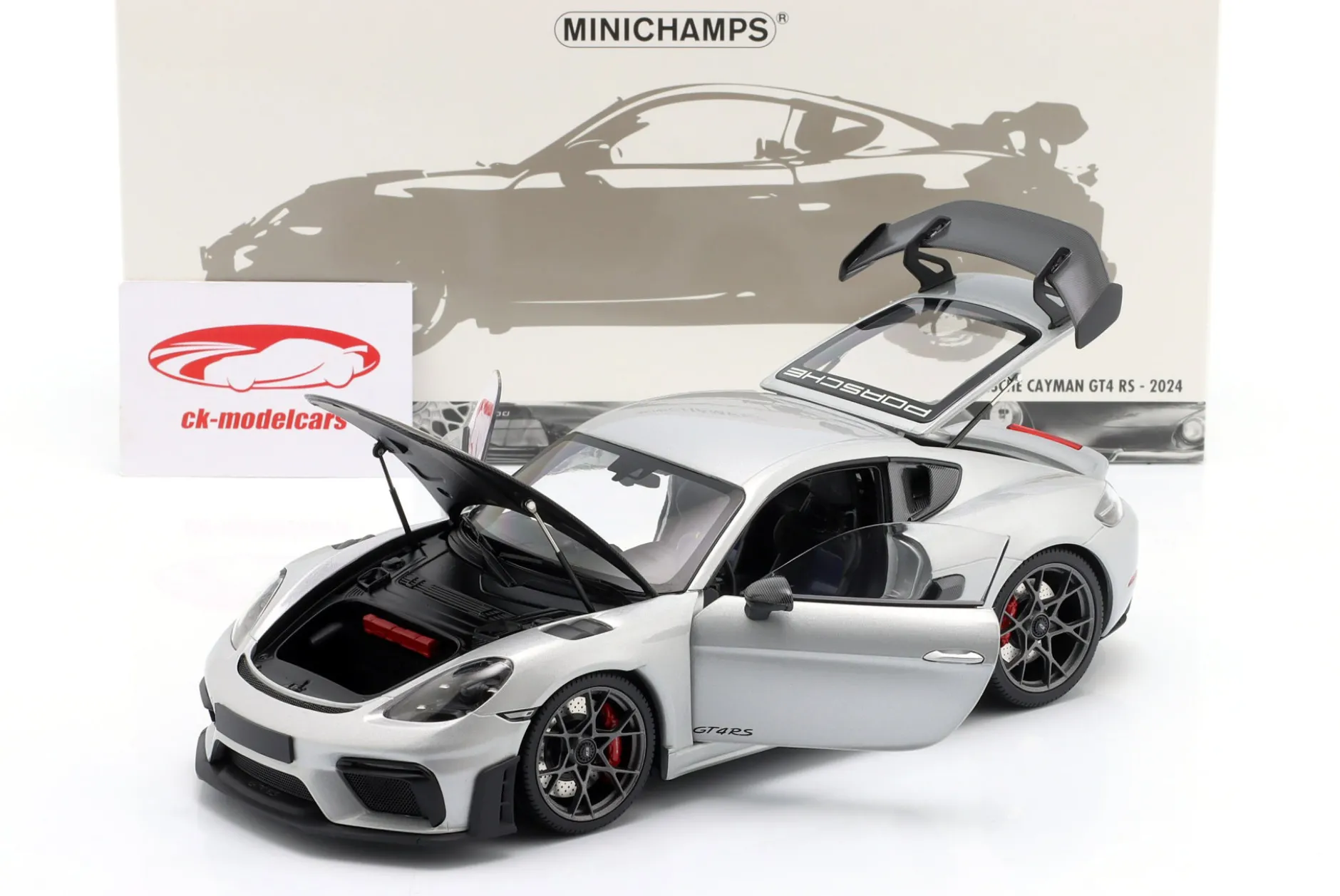 Porsche Cayman GT4 RS 2024 silber metallic / weissach package 1:18 Minichamps