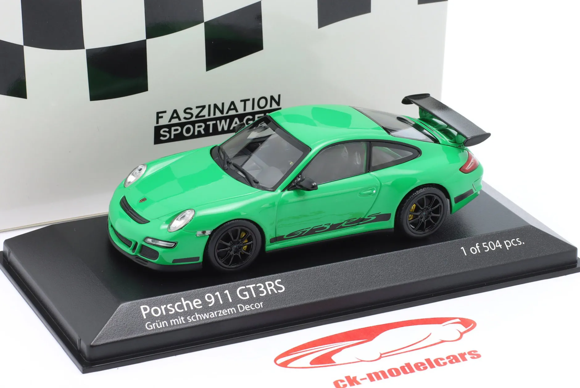Porsche 911 (997.1) GT3 RS Baujahr 2006 grün mit Dekor 1:43 Minichamps