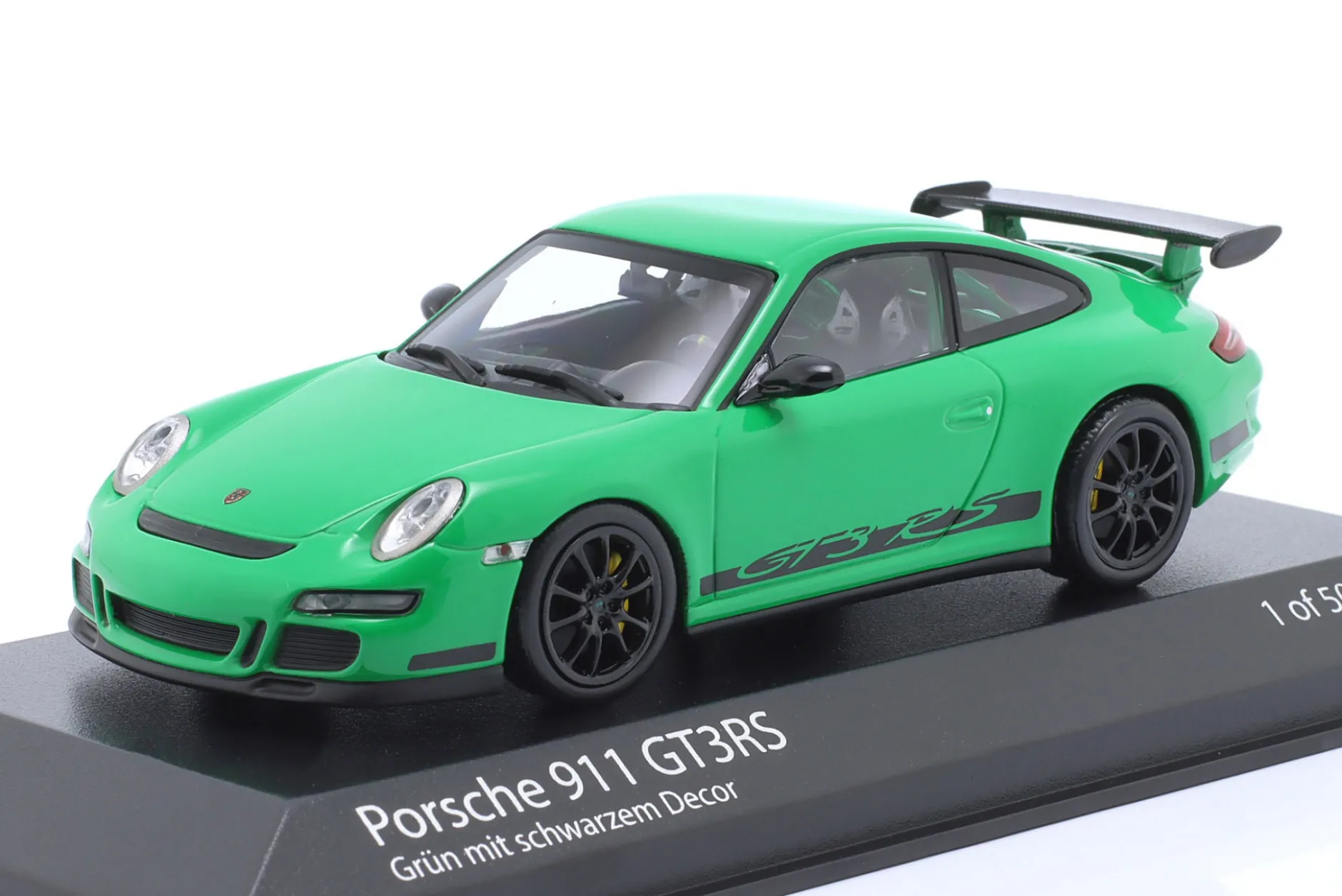 Porsche 911 (997.1) GT3 RS Baujahr 2006 grün mit Dekor 1:43 Minichamps