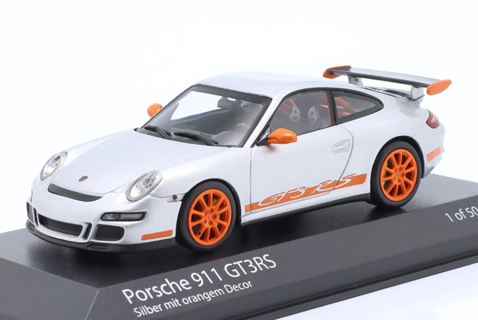 Porsche 911 (997.1) GT3 RS Baujahr 2006 silber / orange 1:43 Minichamps