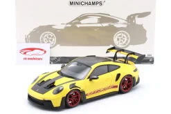 Porsche 911 (992) GT3 RS Weissach-Paket 2024 gelb / rote Felgen 1:18 Minichamps