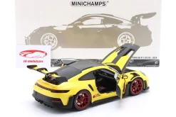Porsche 911 (992) GT3 RS Weissach-Paket 2024 gelb / rote Felgen 1:18 Minichamps