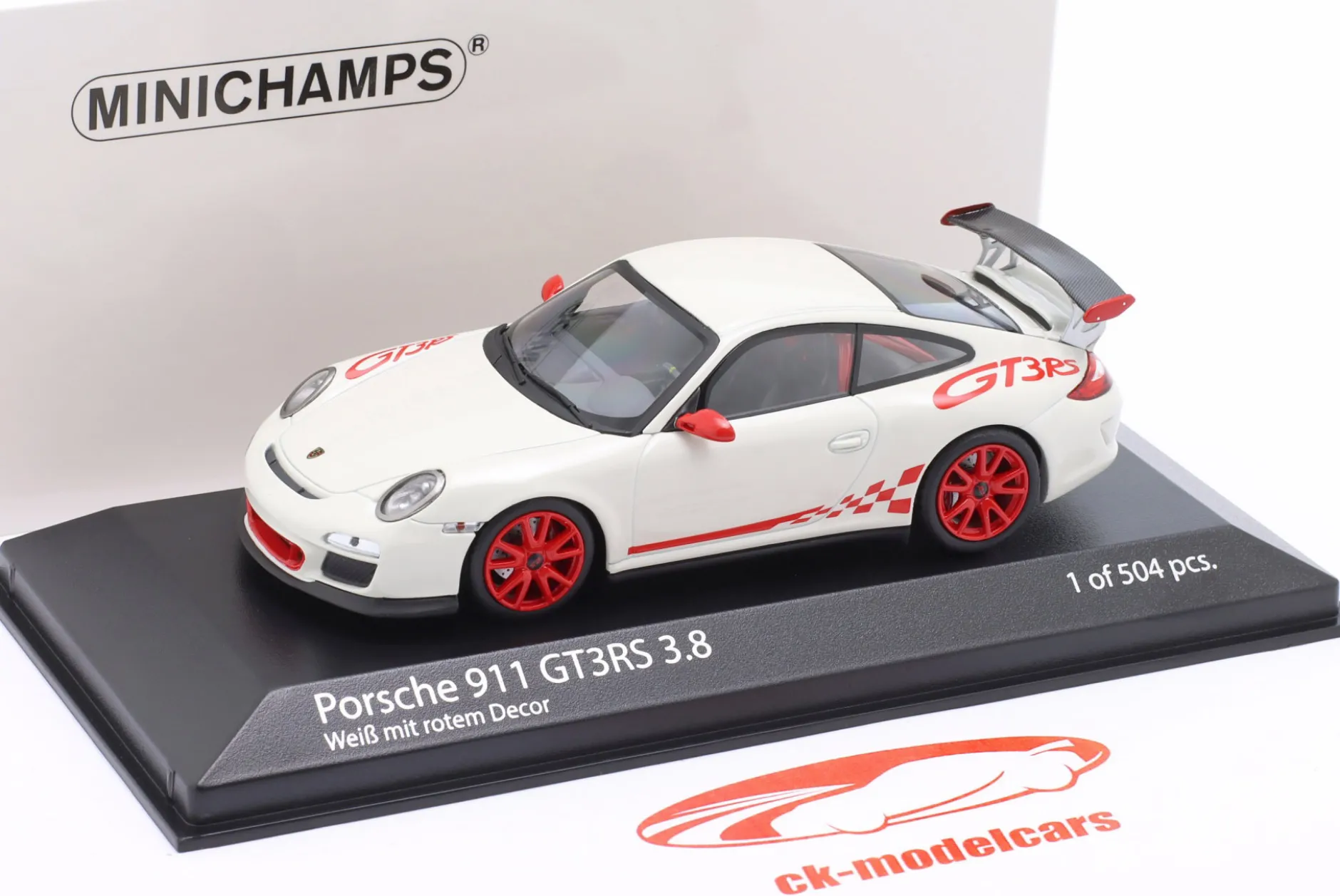 Porsche 911 (997.II) GT3 RS 3.8 Baujahr 2009 weiß mit rotem Dekor 1:43 Minichamps