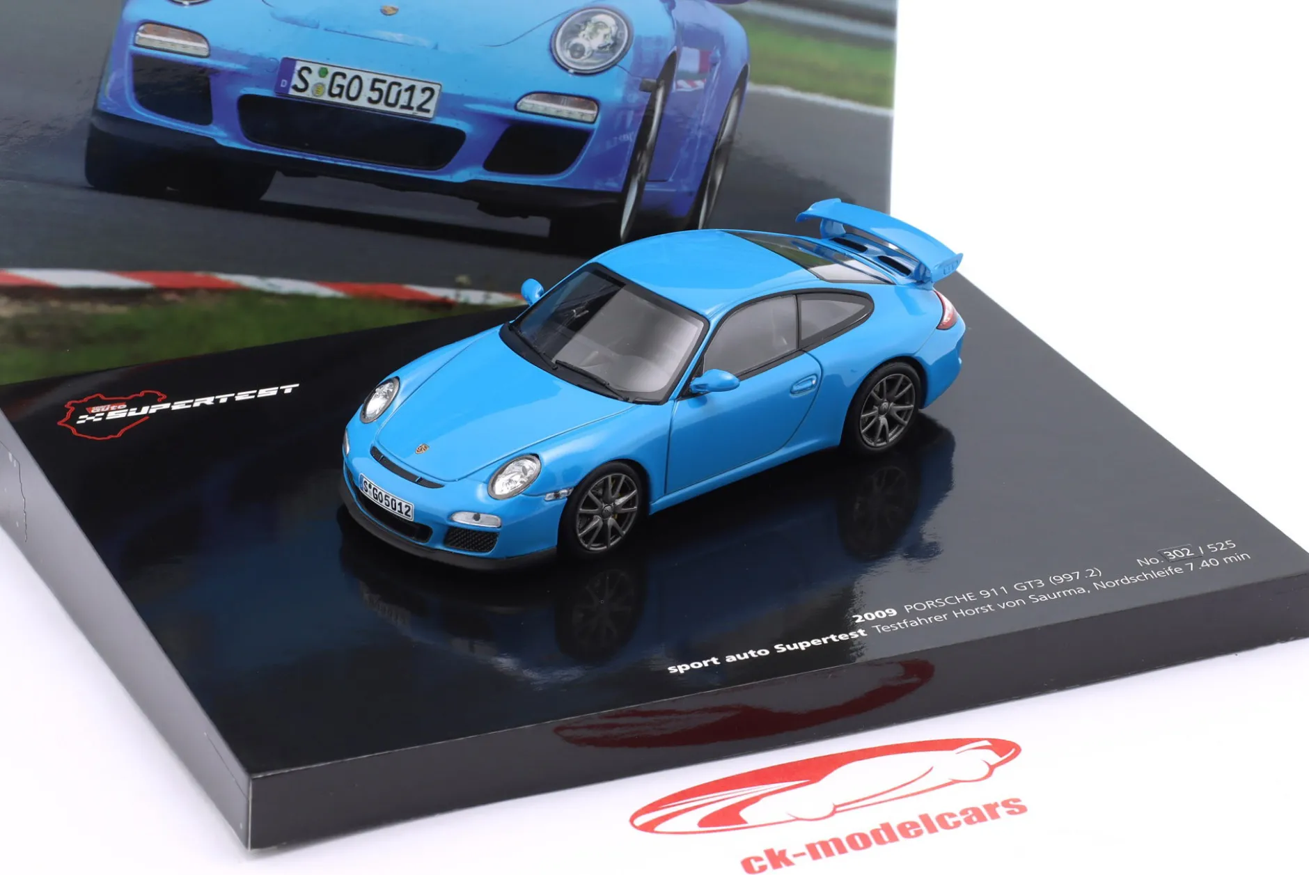 Porsche 911 (997 II) GT3 Test Nürburgring 2009 blau 1:43 Minichamps