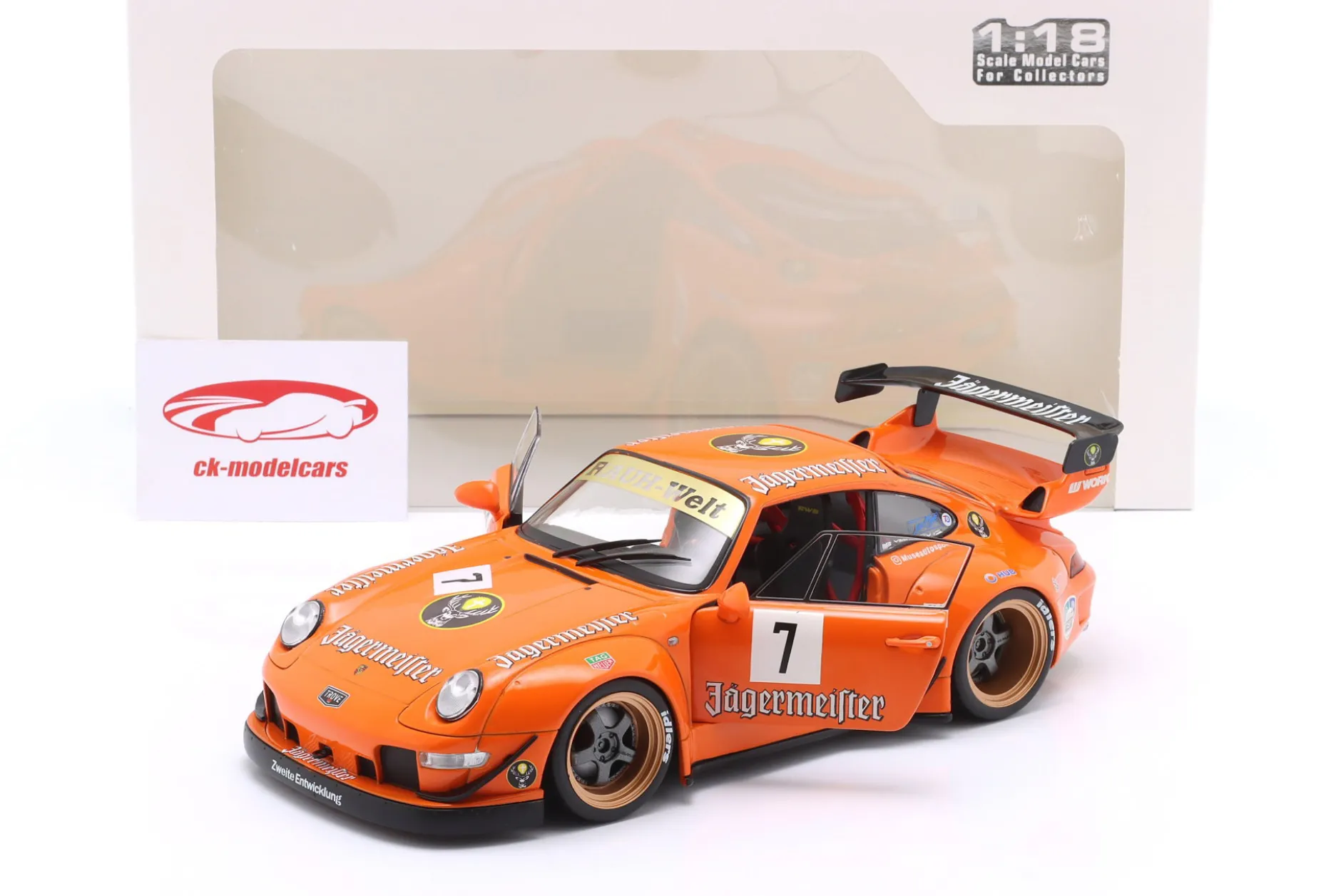 Porsche 911 (993) RWB Rauh-Welt Bodykit Jägermeister #7 2020 orange 1:18 Solido