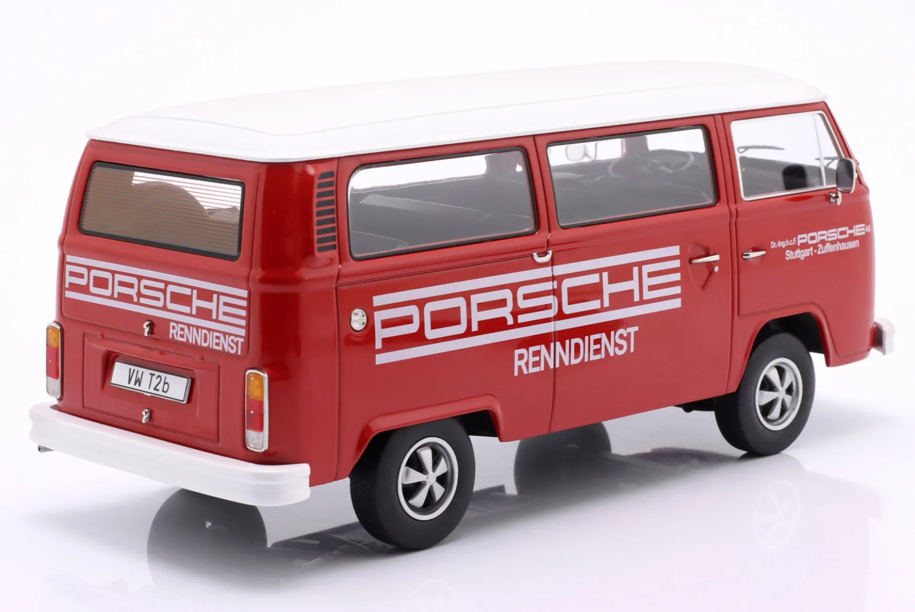 Volkswagen VW T2b Bus mit Fuchs Felgen Porsche Renndienst 1972 rot / weiß 1:18 KK-Scale