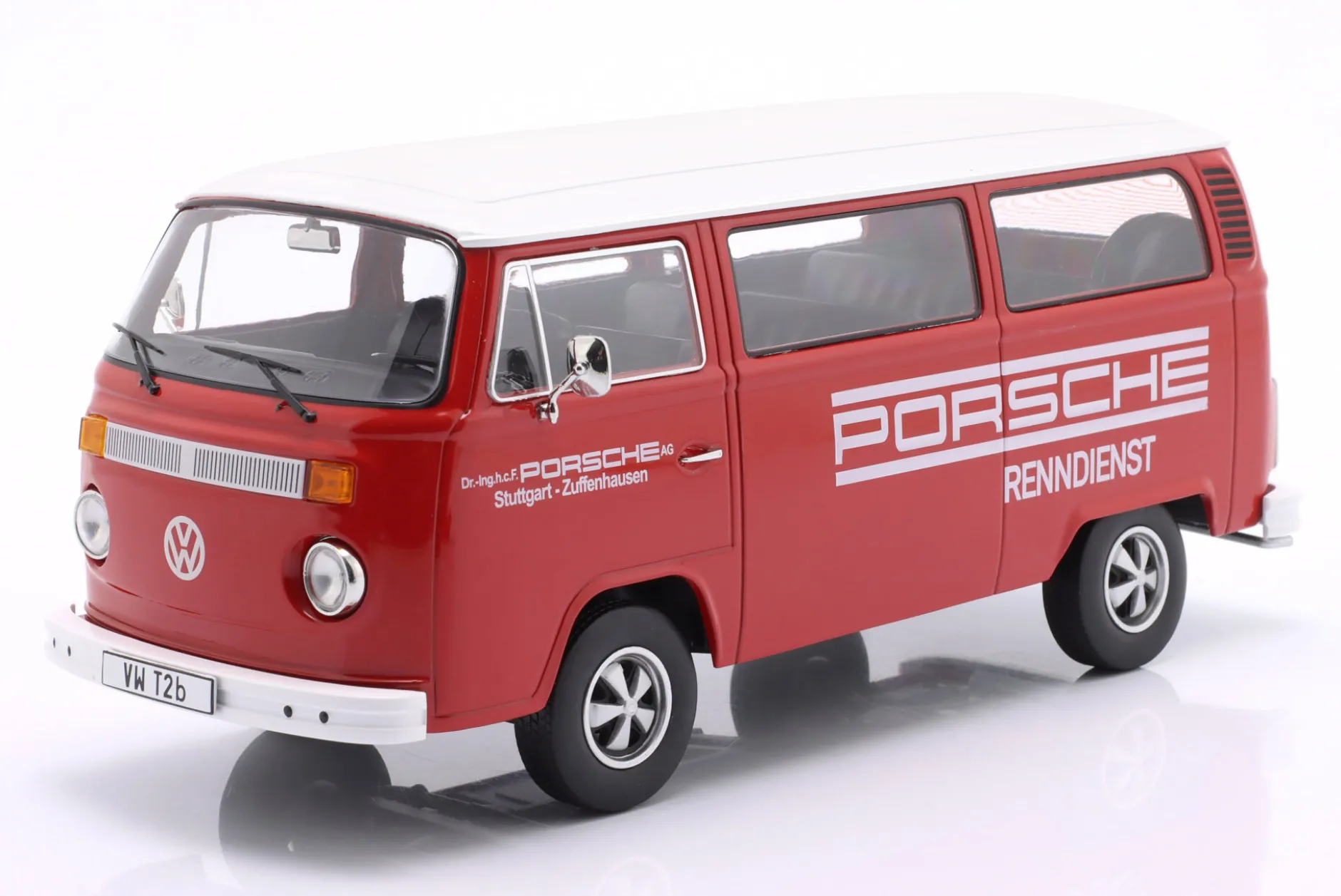 Volkswagen VW T2b Bus mit Fuchs Felgen Porsche Renndienst 1972 rot / weiß 1:18 KK-Scale
