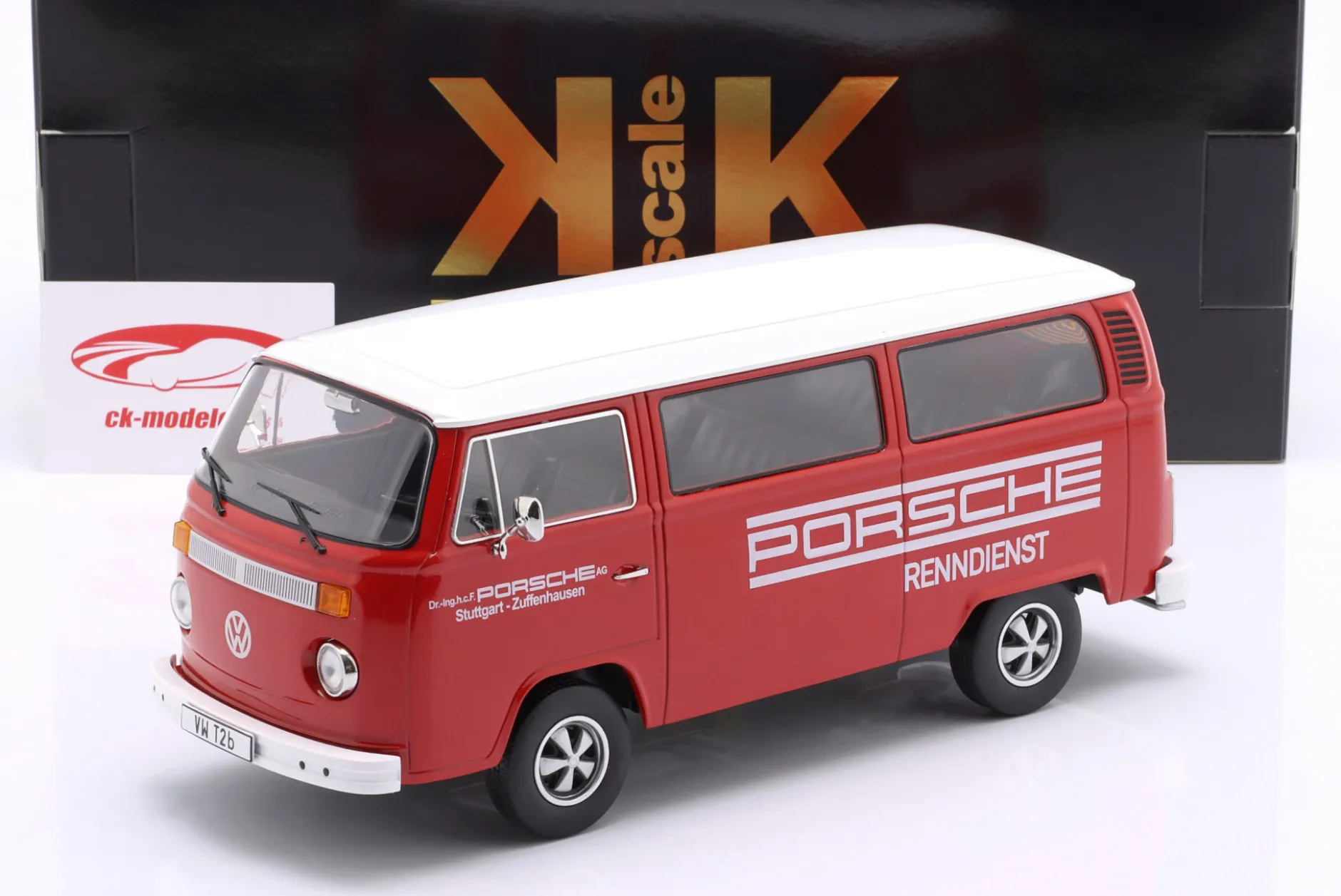 Volkswagen VW T2b Bus mit Fuchs Felgen Porsche Renndienst 1972 rot / weiß 1:18 KK-Scale