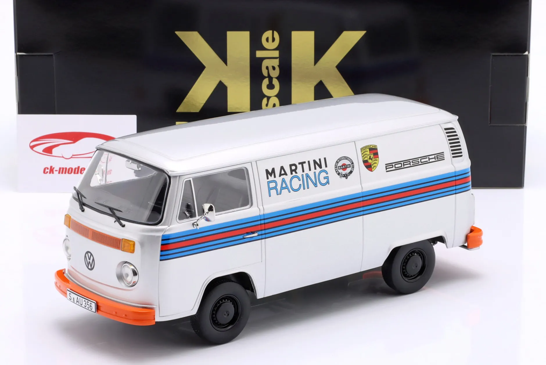 Volkswagen VW T2b Bus Porsche Martini Racing Baujahr 1972 silber 1:18 KK-Scale
