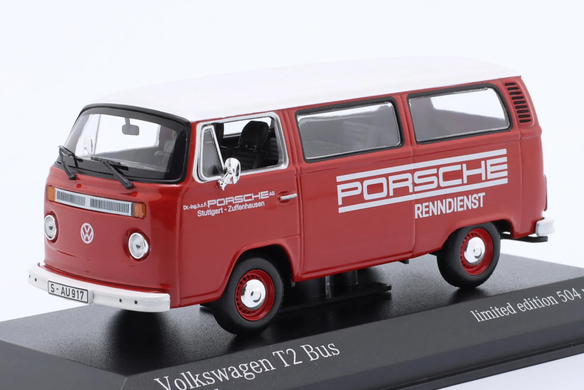Volkswagen VW T2 Bus Porsche Renndienst 1972 rot 1:43 Minichamps