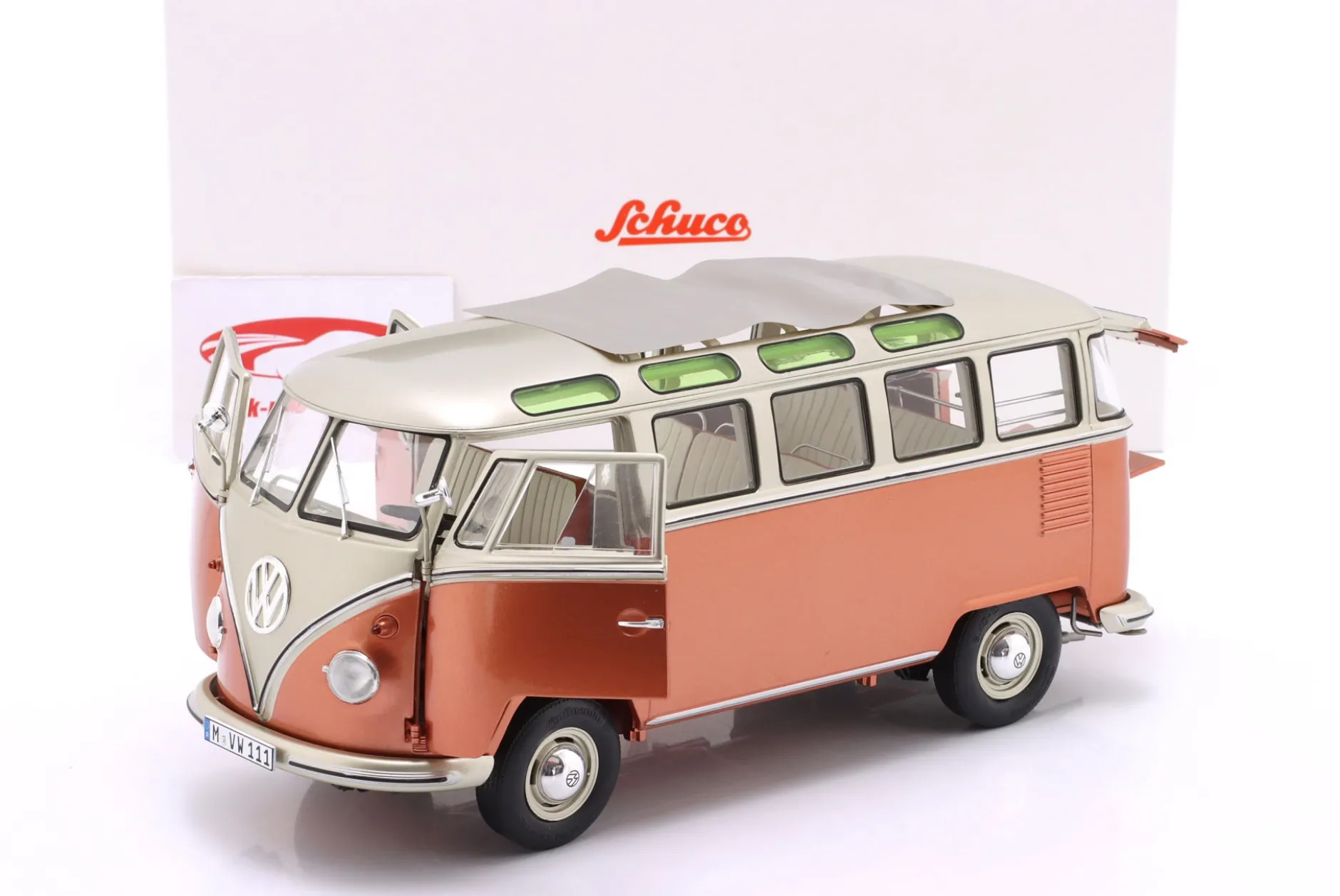 Volkswagen VW T1 Samba Bus Baujahr 1962 orange / silbergrau metallic 1:18 Schuco
