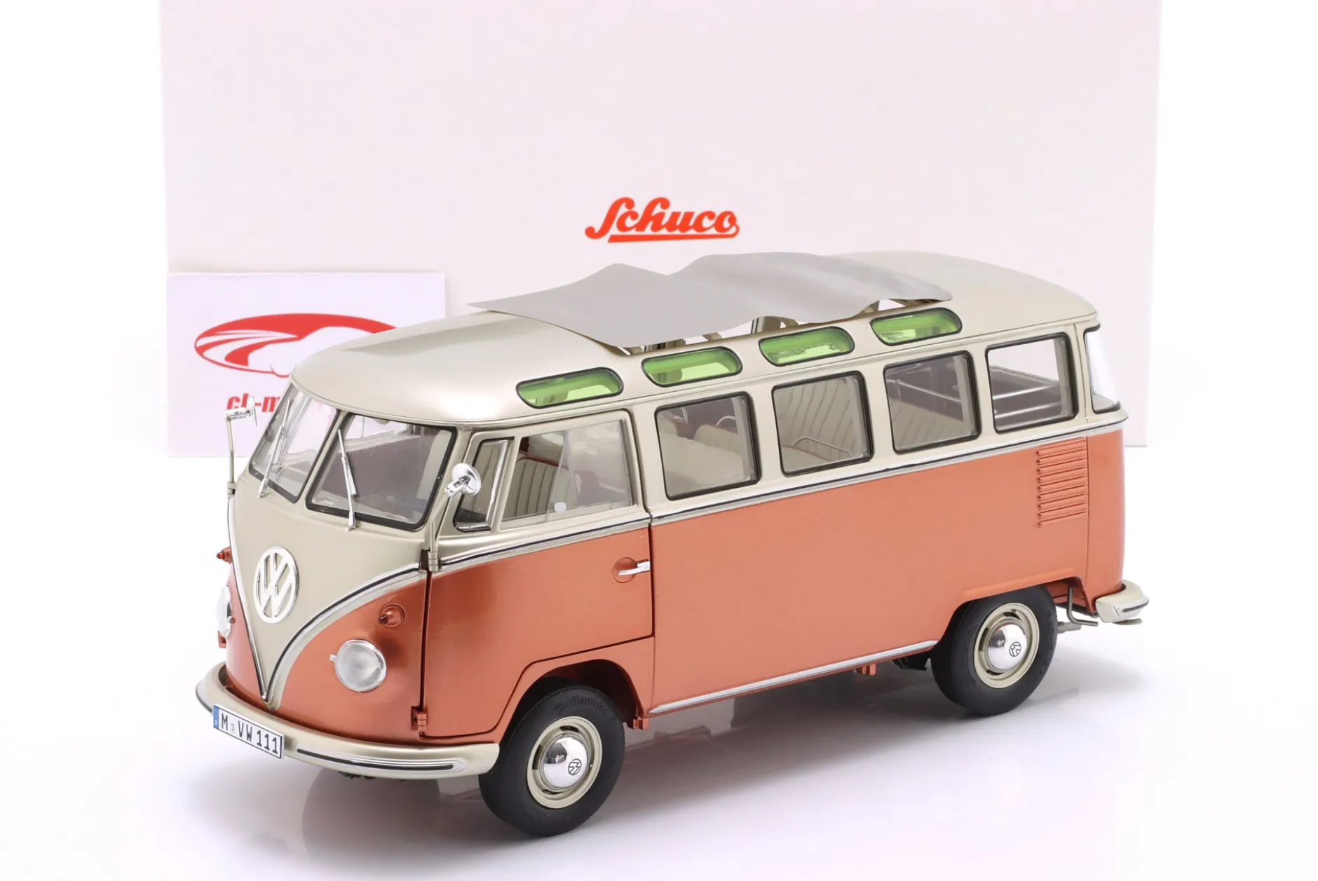 Volkswagen VW T1 Samba Bus Baujahr 1962 orange / silbergrau metallic 1:18 Schuco